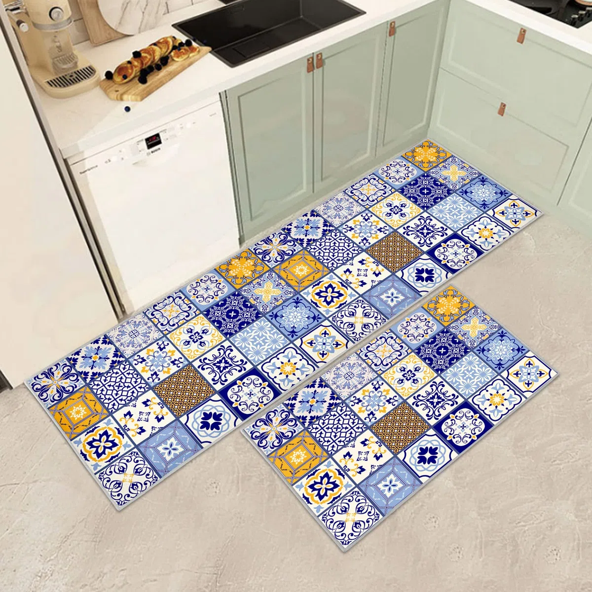 Juego de 2 tapetes de Cocina Antideslizantes y Lavables, tapetes de Cocina antifatiga para decoración del hogar, Oficina, Escritorio de pie (F, 43 x 75 + 43 x 150 cm)