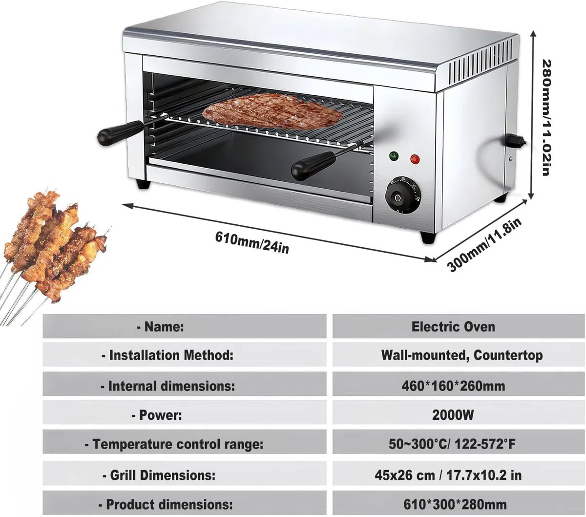 Asador Salamandra, Grill Eléctrico Raclette para Derretir Queso, Horno Tostador Comercial de Pared de Acero Inoxidable 50℃-300℃ para Queso, Bistec y Carne