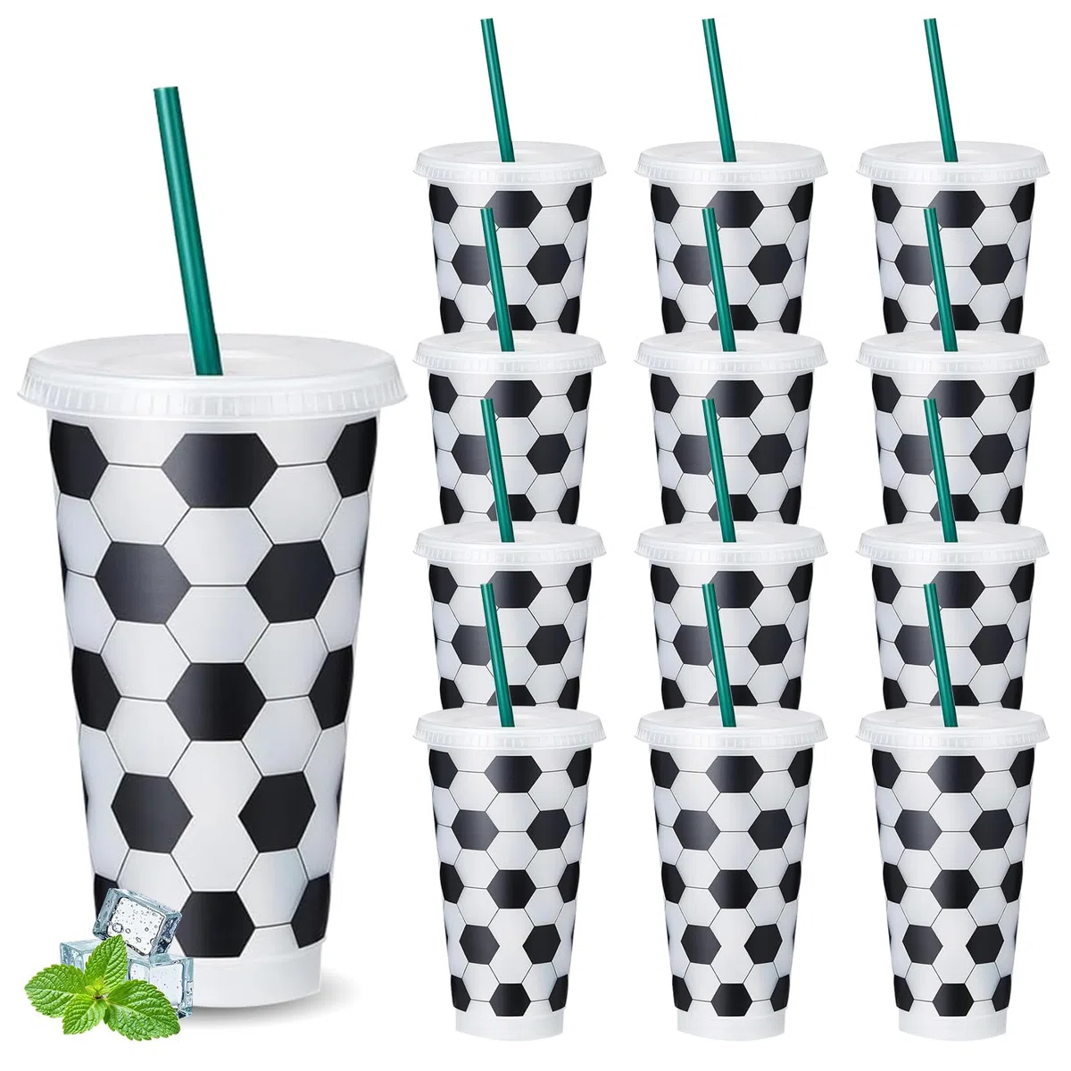 Yuragim Juego de 12 vasos de plástico reutilizables de 710 ml con tapa y pajita, vasos de plástico reutilizables para fiestas, adultos y niños