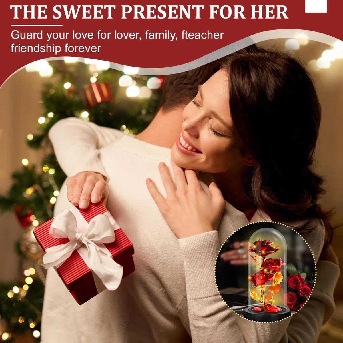 UCAMP Rosa Eterna,La Bella y la Bestia Rosa Eterna,Elegante Cúpula de Cristal con Base Pino Luces LED,Base de Madera,1 Tarjeta de Amor,para Mamá,Damas,Navidad,Boda,Aniversario,Día de la Madre