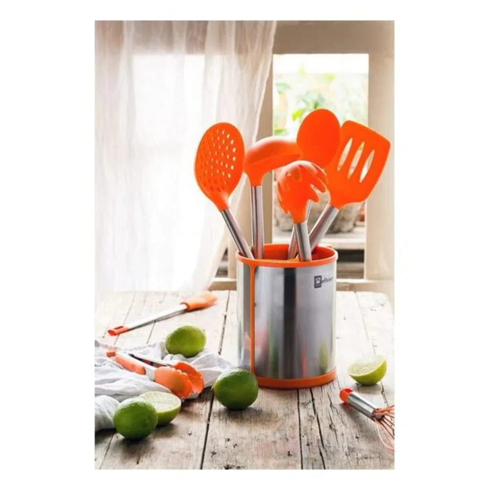 BRA Efficient | Conjunto De 5 Utensilios De Cocina Y Carrusel, Acero INOX, Nailon y Silicona, Naranja, 14.5 x 15 x 37.5 cm