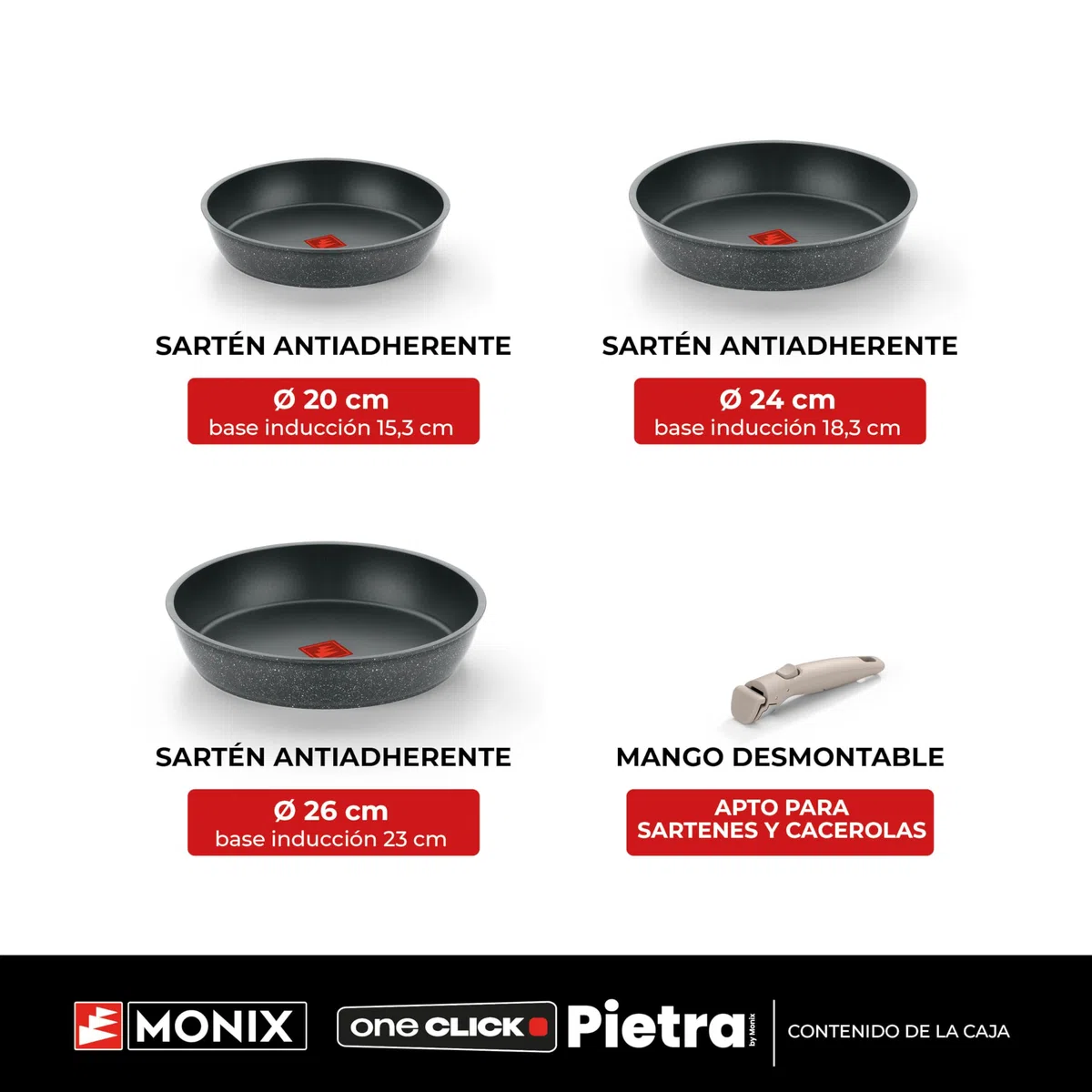 Monix One Click Pietra | Set 3 sartenes apilables, 20-24-26 cm, Antiadherentes, Mango desmontable, Indicador Temperatura Thermonix, Sin PFOA, Apta para todo tipo de Cocinas