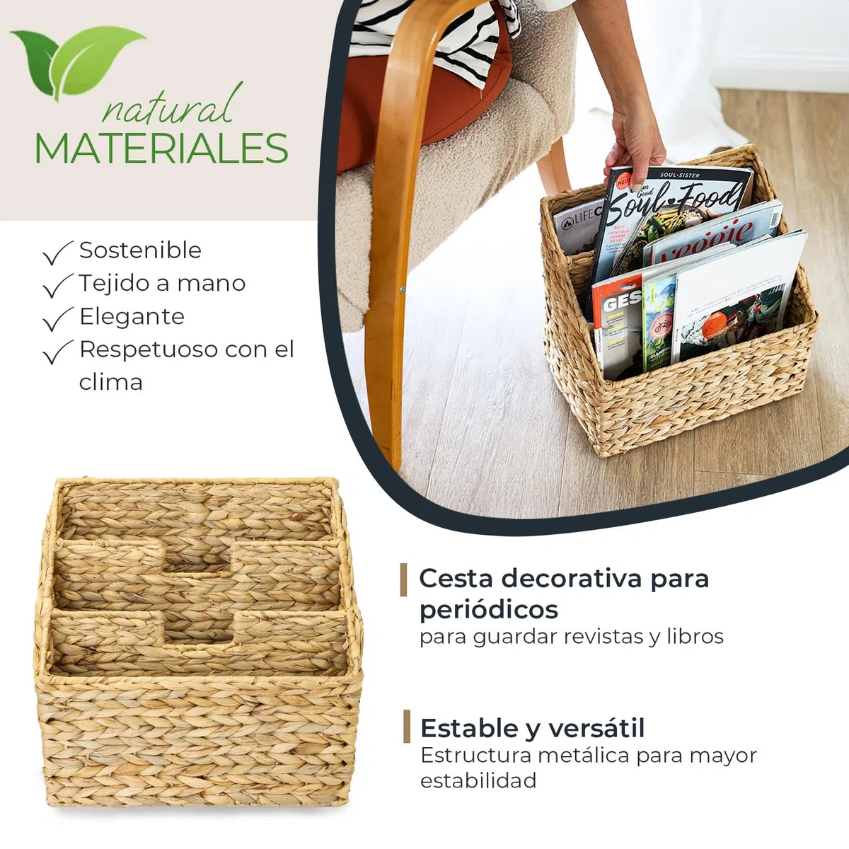 HMF Revistero de jacinto de agua trenzado, 3 compartimentos, 35 x 24 x 32 cm