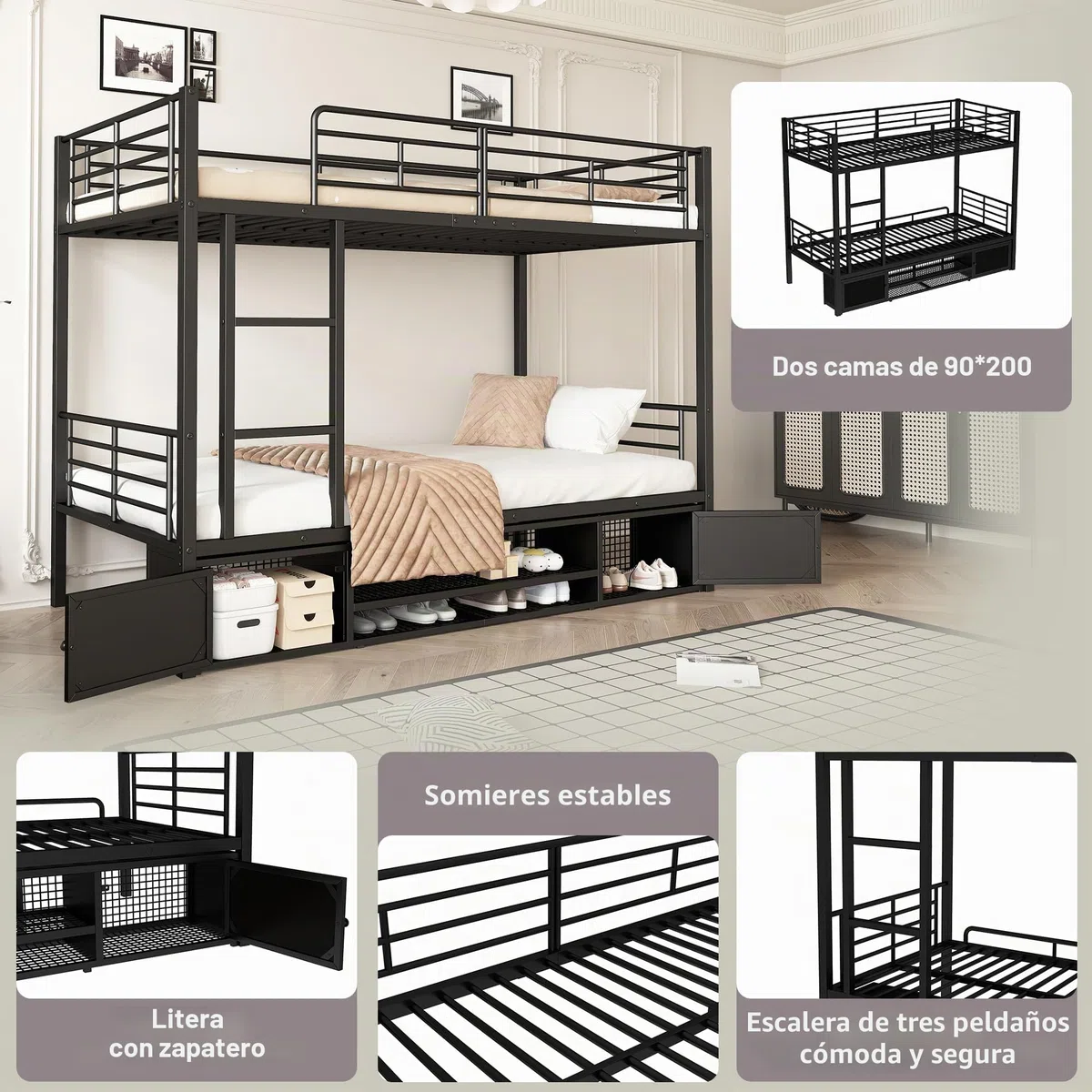 Lubvtti Litera con estructura de hierro 90 x 200 cm, zapatero abierto y pequeño armario de dos puertas, con escalera lateral y red de protección, negro (colchón no incluido)