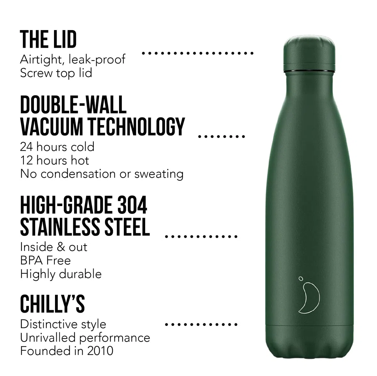 Chilly's Botella de agua Original: Botella de Agua de Acero Inoxidable Aislada al Vacío, Termo Reutilizable para Bebidas Calientes y Frías - a Prueba de Fugas, Sin Sudor - Matte - All Green, 500ml