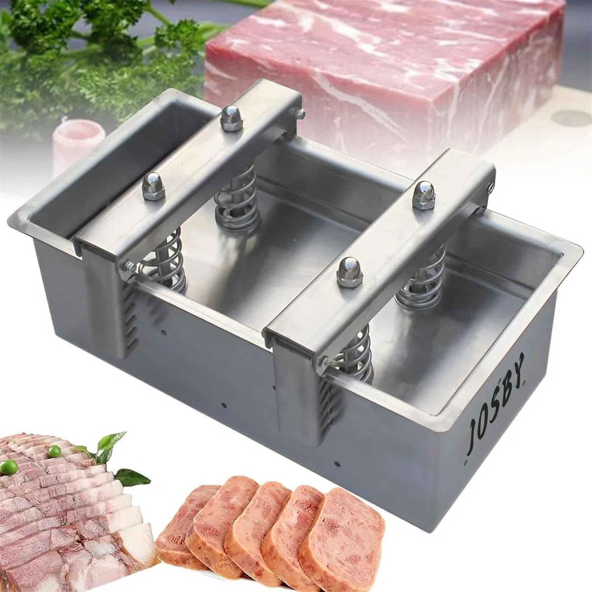 Herramienta de prensado de carne de jamón, para bloques de carne rectangulares perfectos, molde de prensa de carne de acero inoxidable, con resorte de compresión, placa base extraíble, herramienta de