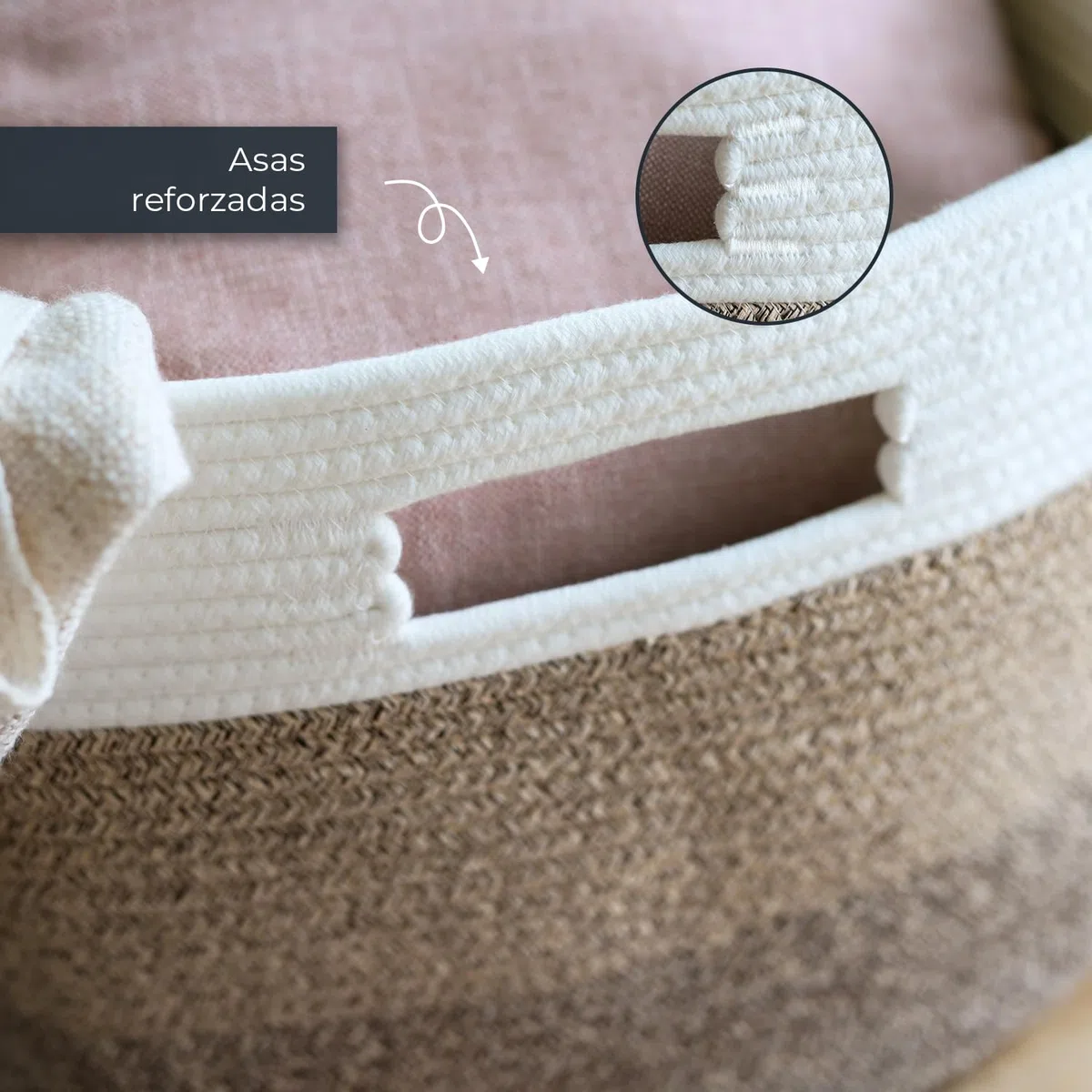 HMF XXL Cesto para la ropa de algodón, cesta de almacenamiento rectangular con asas | 55 x 43 x 30 cm | Blanco-Marrón