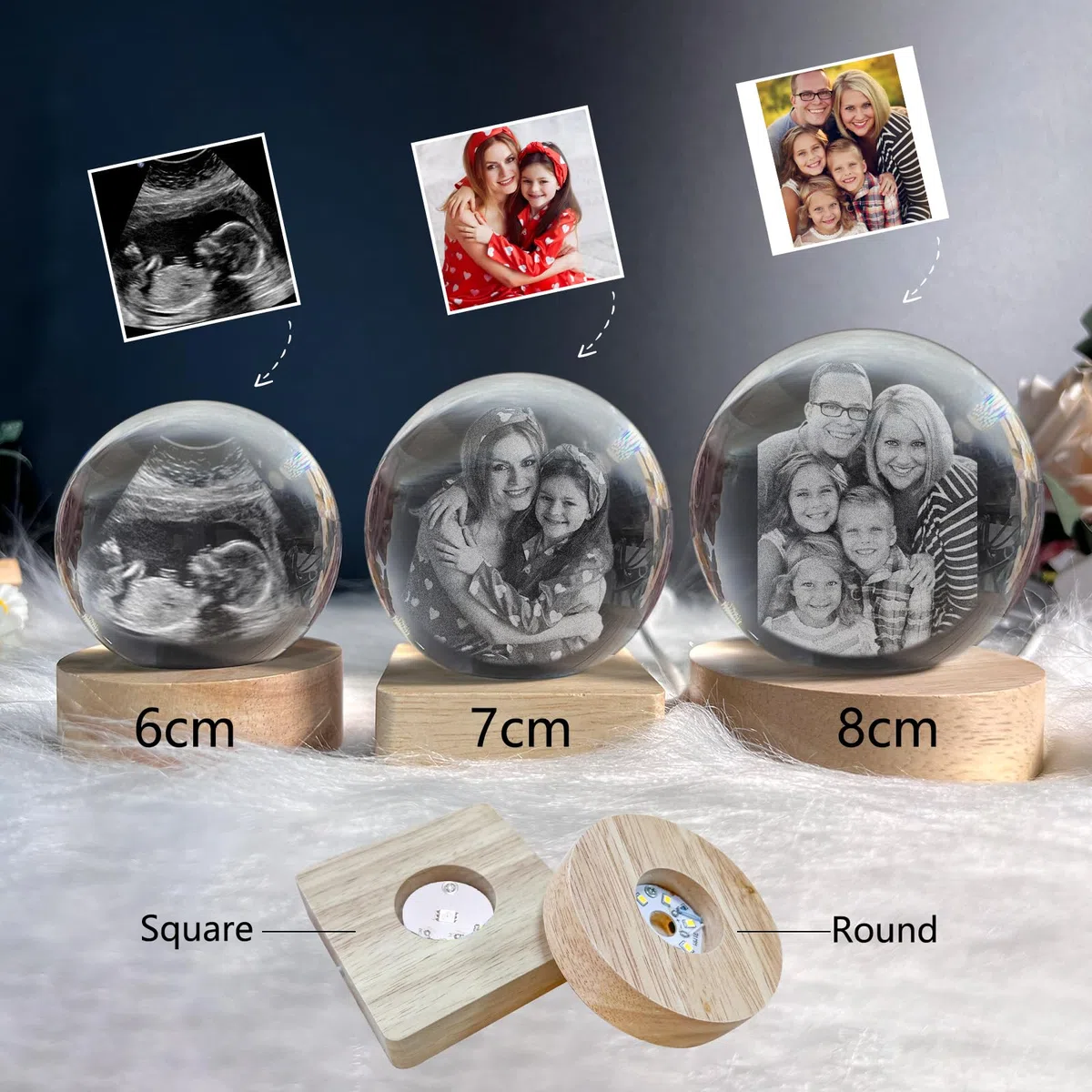 Bola de Cristal Personalizada con Base de Luz LED, Bola de Decoración con Grabado de Foto por Ultrasonido, Marco de Texto y Fotos Personalizable, Regalos Sorpresa para Futuros Padres