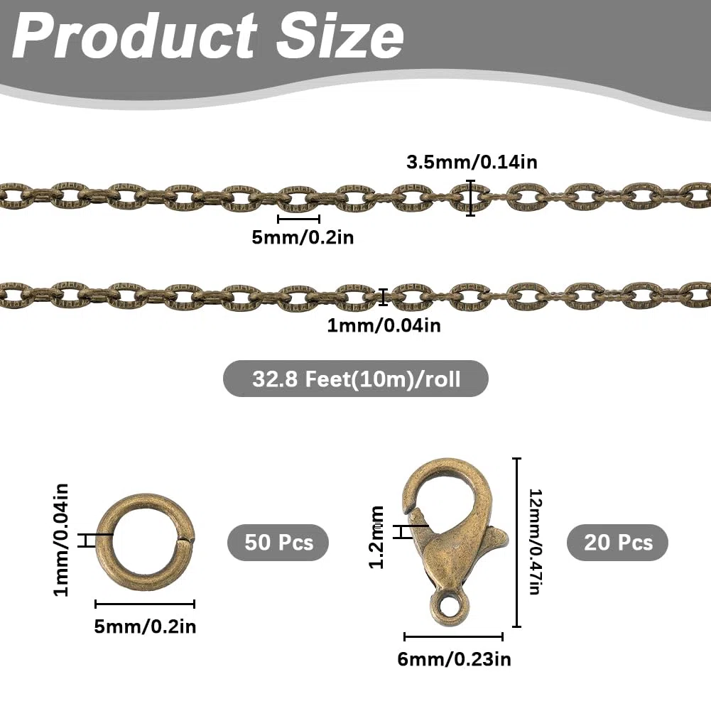 SUNNYCLUE Cadenas de Bronce Antiguo de 32.8 pie/10 m Rollo de Cadena de Joyería A Granel Carrete de Cadena de Cable Texturizado Eslabones de Cadena de 5x3.5 mm Cadena Curvada 20 piezas Cierres de Pinz