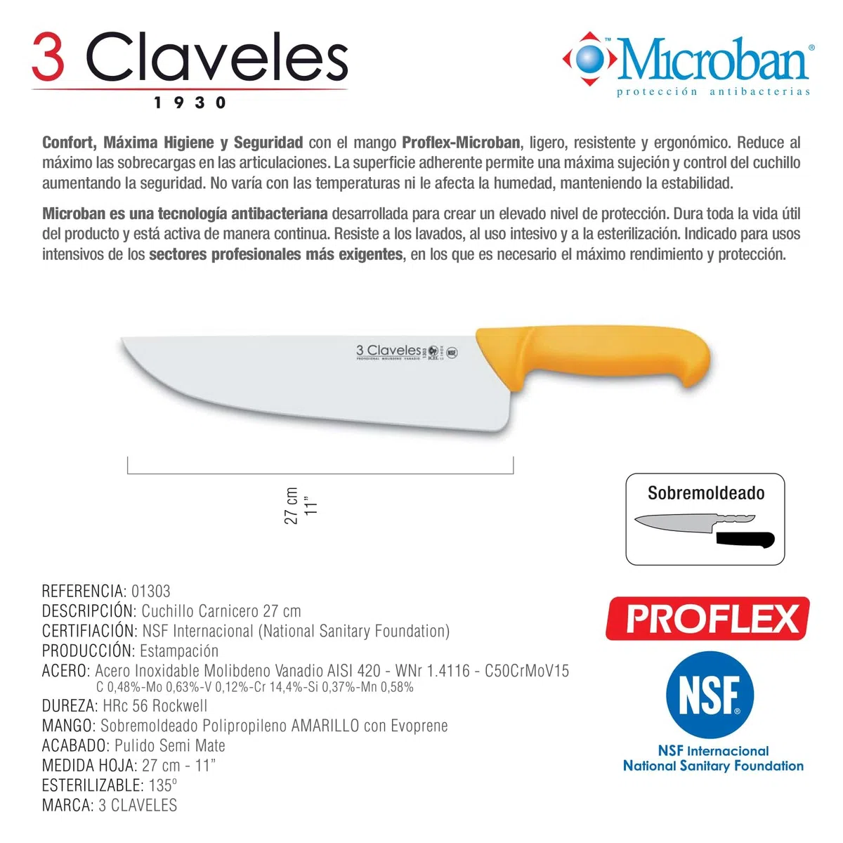 3Claveles 1303 - Cuchillo carnicero ancho, 27 cm, 11 pulgadas