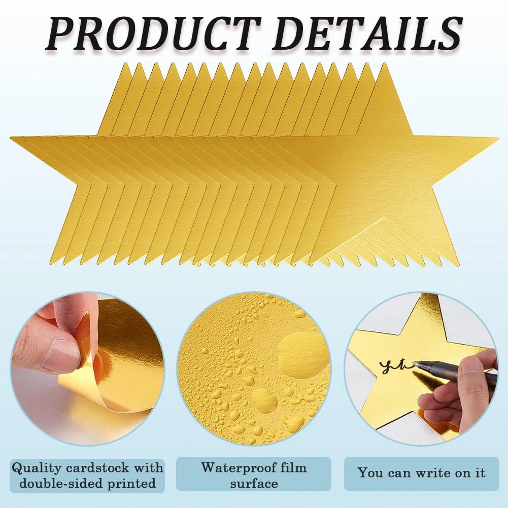 GORGECRAFT 60pz Recortes de Estrellas Doradas de 15cm con Doble Impresión de Papel Y Cartón de Confeti de Cinco Estrellas con Purpurina Y Pegatinas para Manualidades Tablones de Anuncios Aulas Pared