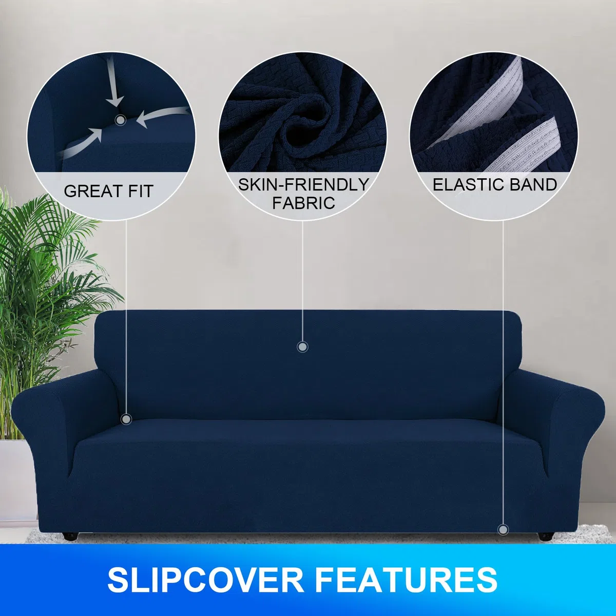 Funda Sofa 1 Plaza Ajustable, Fundas para Sillones Elastica Antideslizante Antimanchas, Universales Couch Cover con Reposabrazos, Lavables, Azul Oscuro
