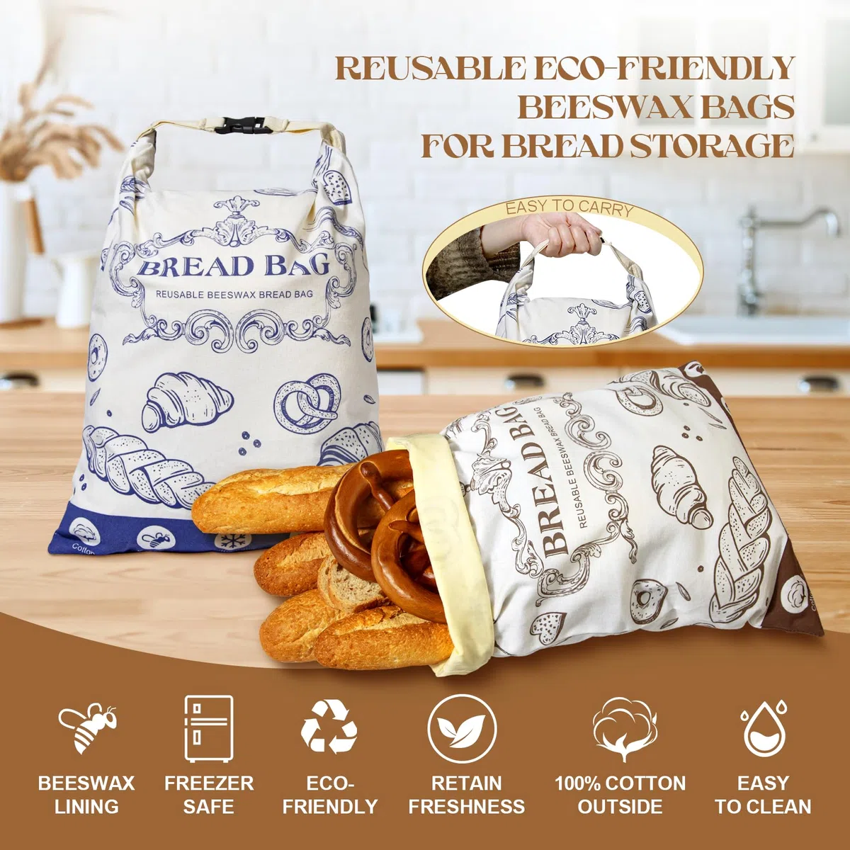 Bolsas reutilizables de cera de abeja con hebilla para pan - Almacenamiento de algodón de gran capacidad para pan casero, Masa madre y productos de panadería frescos (2 piezas)