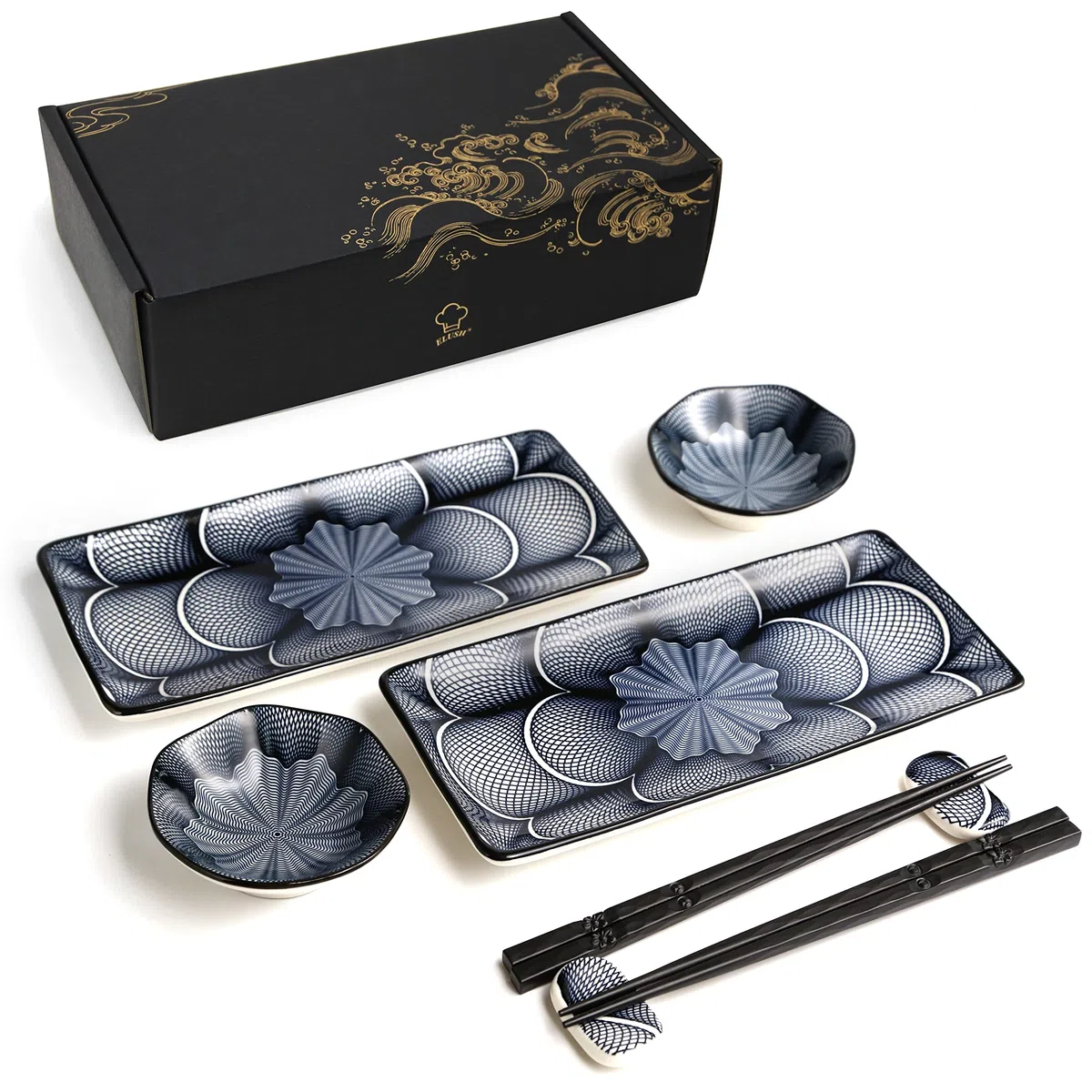 ELUSH Juego de 8 platos de sushi de cerámica de estilo japonés de 10 pulgadas, platos rectangulares de sushi, 2 platos de sushi, 2 platos de salsa, 2 pares de palillos, 2 soportes para palillos