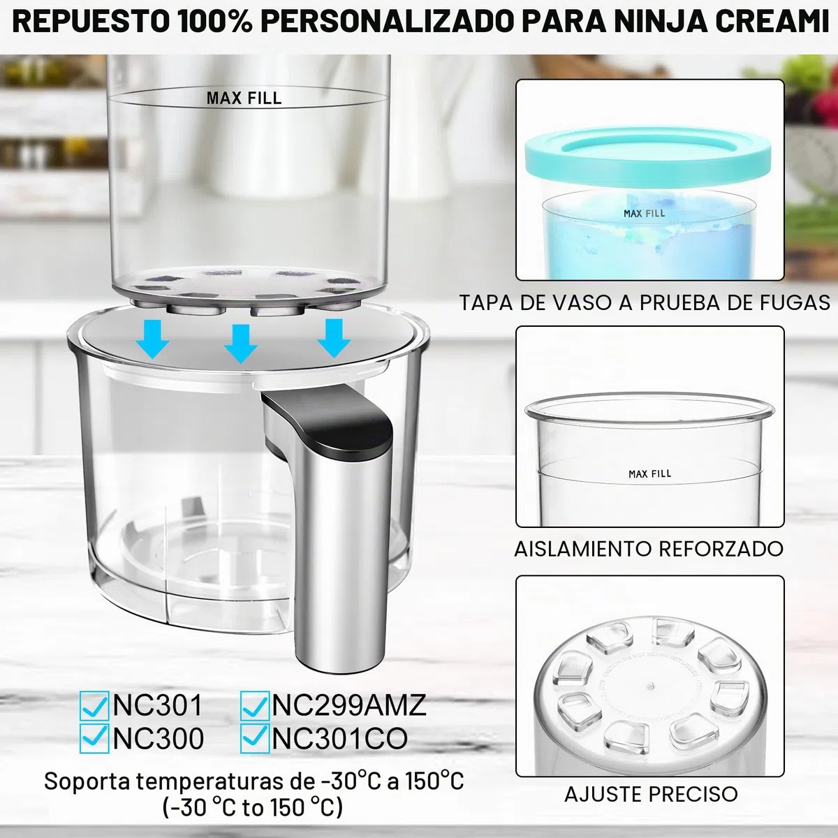 4 Recipientes de Helado para Ninja Creami, Para Ninja Creami Ice Cream Maker NC301 NC300 NC299AMZ NC305A NC301CO Series, Con tapa y cuchara, 453ml, Sin BPA, Apto para lavavajillas