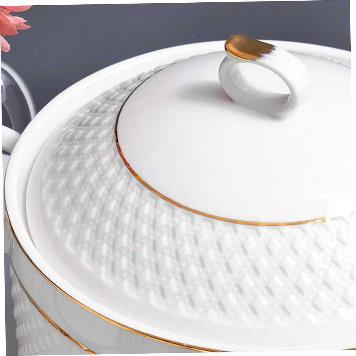 Cerámica de sopa de treen, 1.5L para servir blancos con borde dorado de doble manija tureen con tapa y cucharón para pasta, con tapa y cucharón