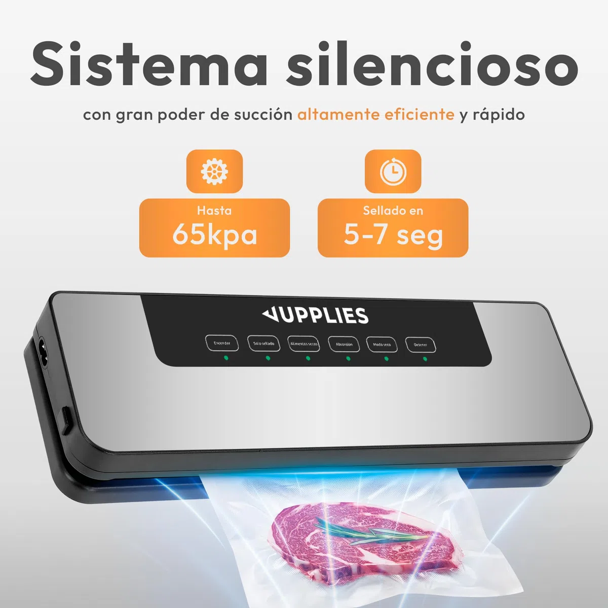 JUPPLIES Envasadora al Vacio Domestica - Selladora de Alimentos Profesional con Potente Succión 80 Kpa y 5 Modos - Máquina de Conservación de Alimentos Frescos (Envasadora + 50 Bolsas)