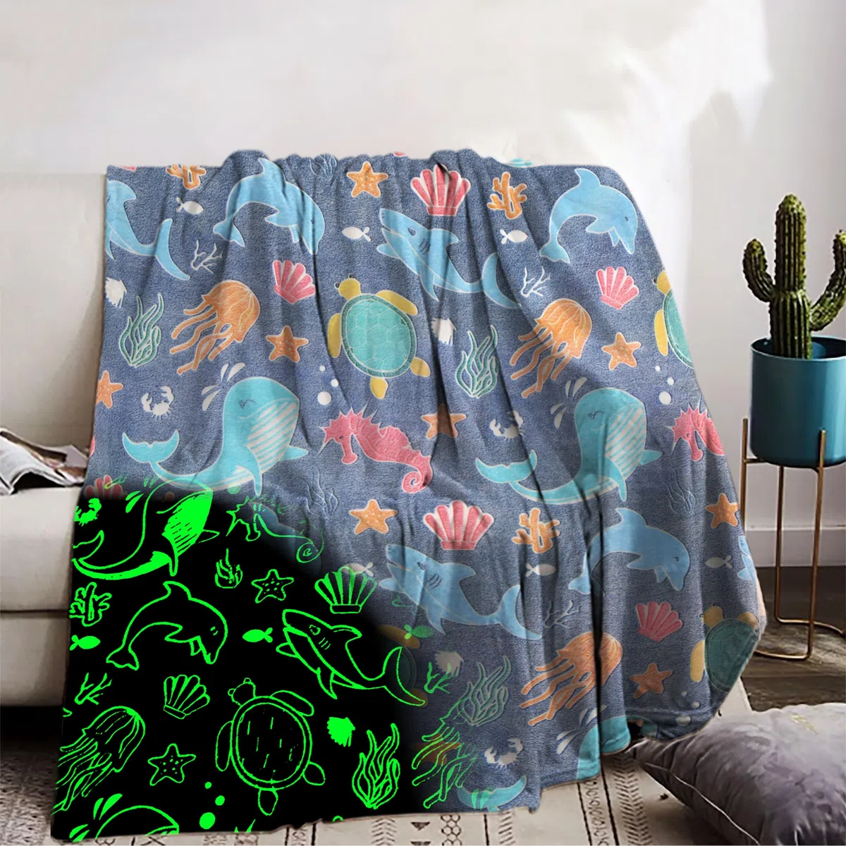 Manta para niños de 150x200cm, mundo submarino, ilumina en la oscuridad, súper suave y cálida para regalos de niños (HY-B, 150x200cm)