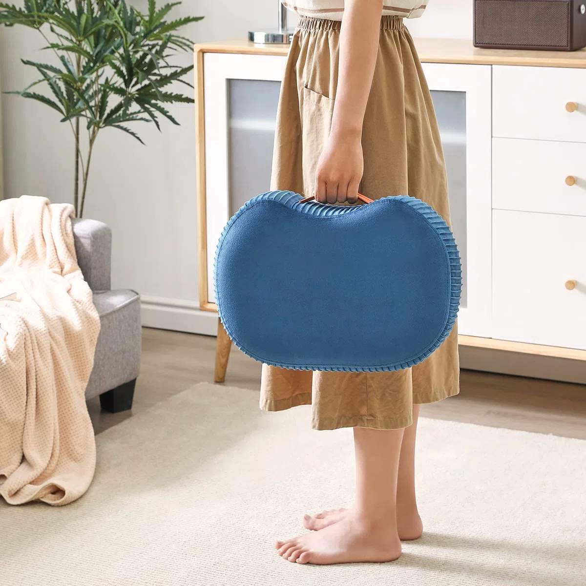 YMYNY Puf Otomana De Madera, Reposapiés Curvo Pequeño con Asa, Taburete De Sofá con Cojín De Asiento Suave, para Dormitorio, Sala De Estar, 40 × 28 × 23 CM, Azul Marino HBD021Q