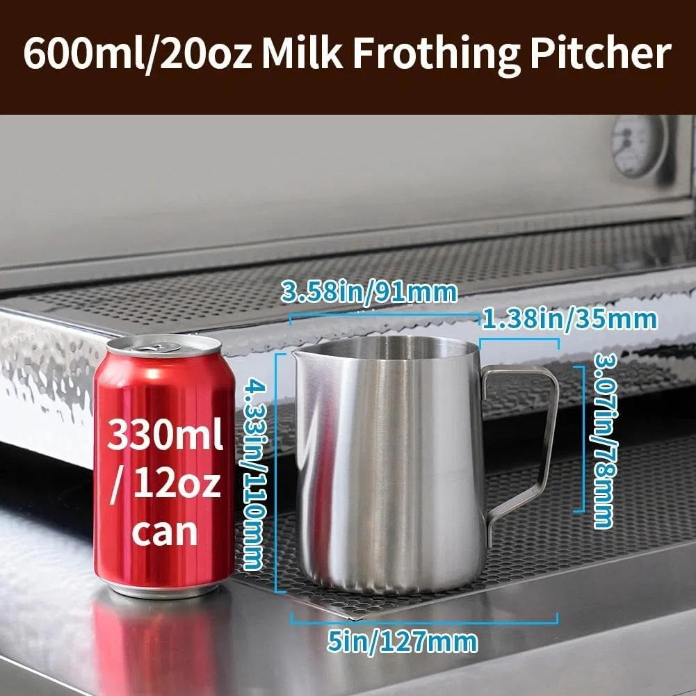 watchget Jarra de espuma de leche de acero inoxidable de 20 onzas/600 ml, jarra de vapor para capuchino, arte con leche, accesorios para máquina de café, jarra de leche, taza de espumador de café
