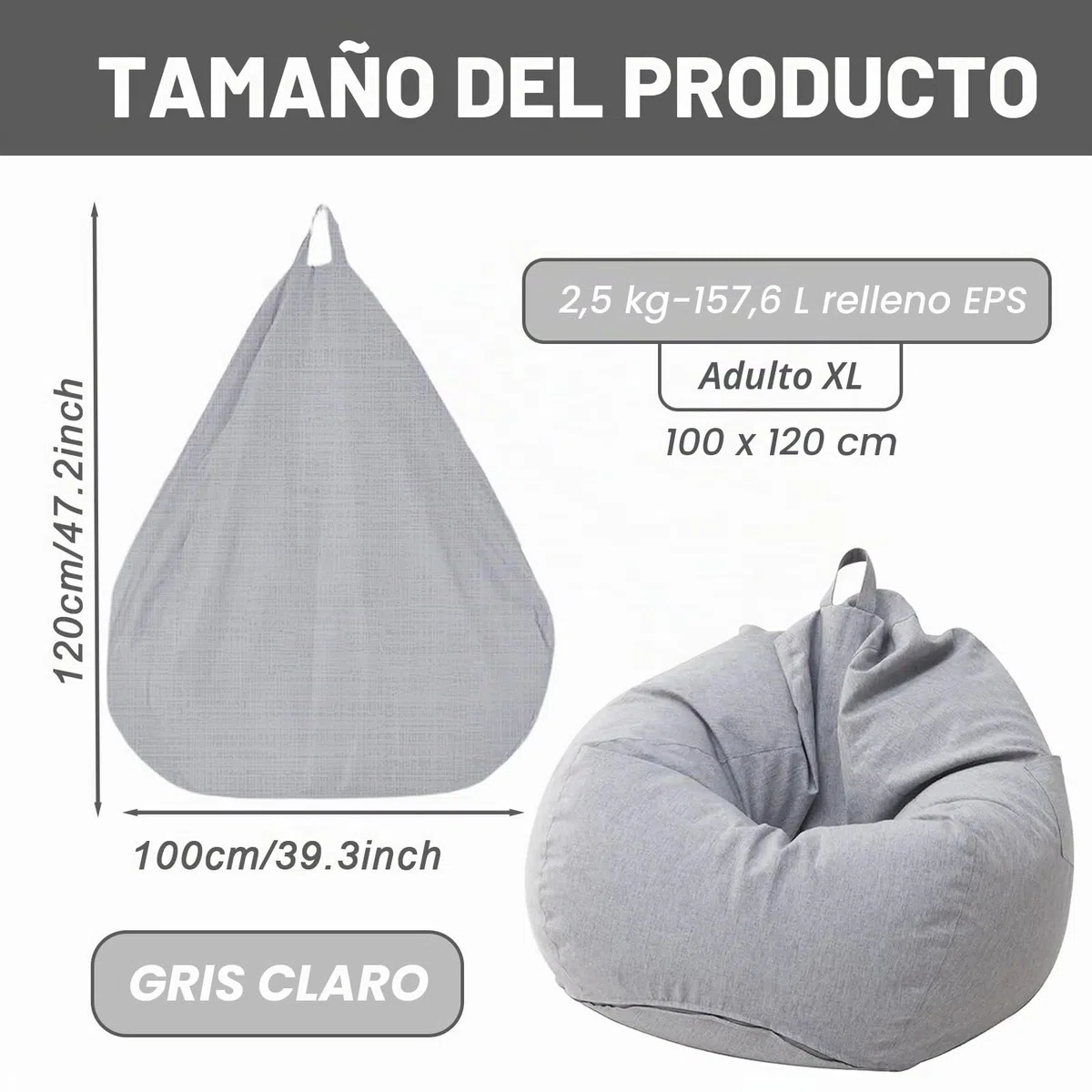 Saco de Asiento para Niños y Adultos - Funda de Saco de Asiento sin Relleno, con Cremallera, 100 x 120 cm, Puf para Dormitorio, Oficina, Salón, Terraza