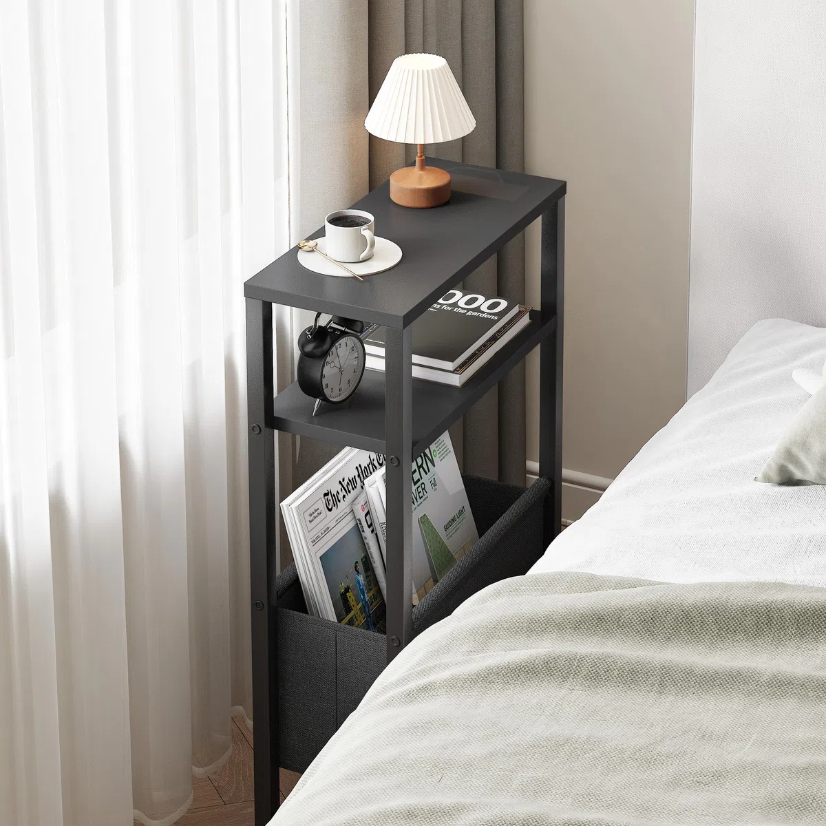 Mesa Auxiliar De 3 Niveles para Espacios Pequeños Mesa Lateral Delgada con Cesta de Tela de Almacenamiento Mesita De Noche Mesas Auxiliares para Sofás para Sala De Estar Dormitorio Negro LET503B