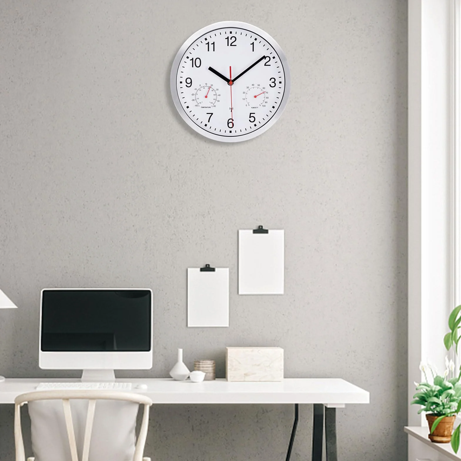 VIVILINEN Reloj de Pared Controlado por Radiofrecuencia con Termómetro e Higrómetro Mecanimo Silencioso Sin Tictac Estilo Moderno Reloj de Pared Decorativo para Cocina Salon Dormitorio