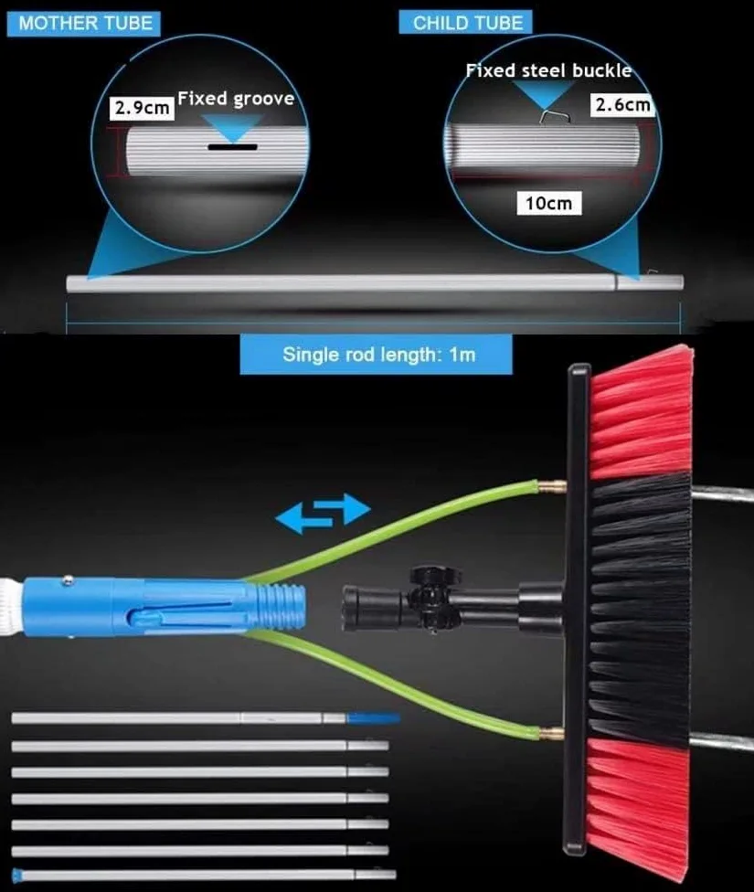 Kit de limpieza de ventanas – Poste de 8 m, cepillo de alimentación para limpieza de paneles solares, sistema de limpieza eficiente de ventanas, cabezal de cepillo ajustable de 30 cm para un fácil