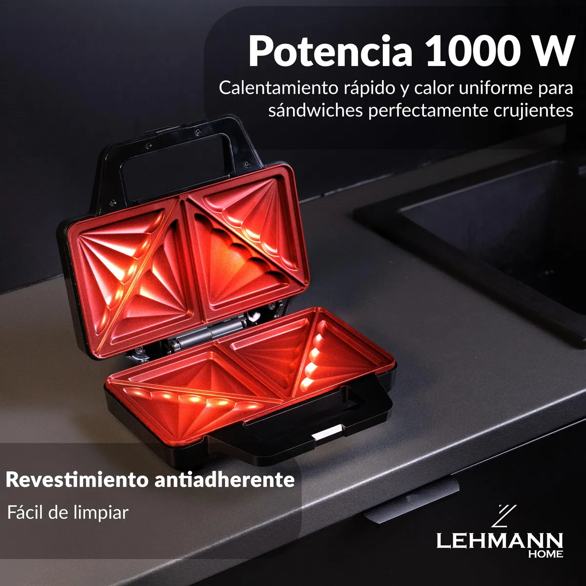 LEHMANN Sandwichera XXL - Placas Extra Grandes - Tostadora Sandwichera Grande - 2 Sándwiches Americanos en Forma de Concha - Revestimiento Antiadherente - Indicador de Listo - Limpieza Fácil, 1000W