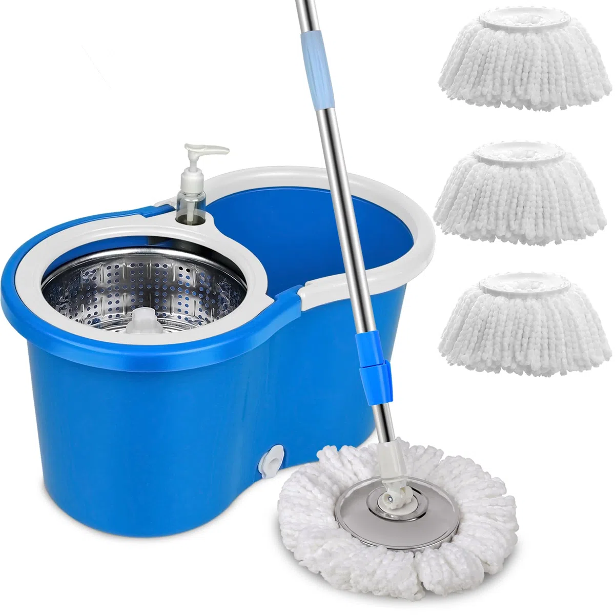 Sistema de fregona giratoria y cubo | Mopa giratoria 360 y cubo con juego de escurridor | Mopas para limpieza de suelos | 3 recambios de cabezal de microfibra | Mango extendido de 61 pulgadas | Mopa
