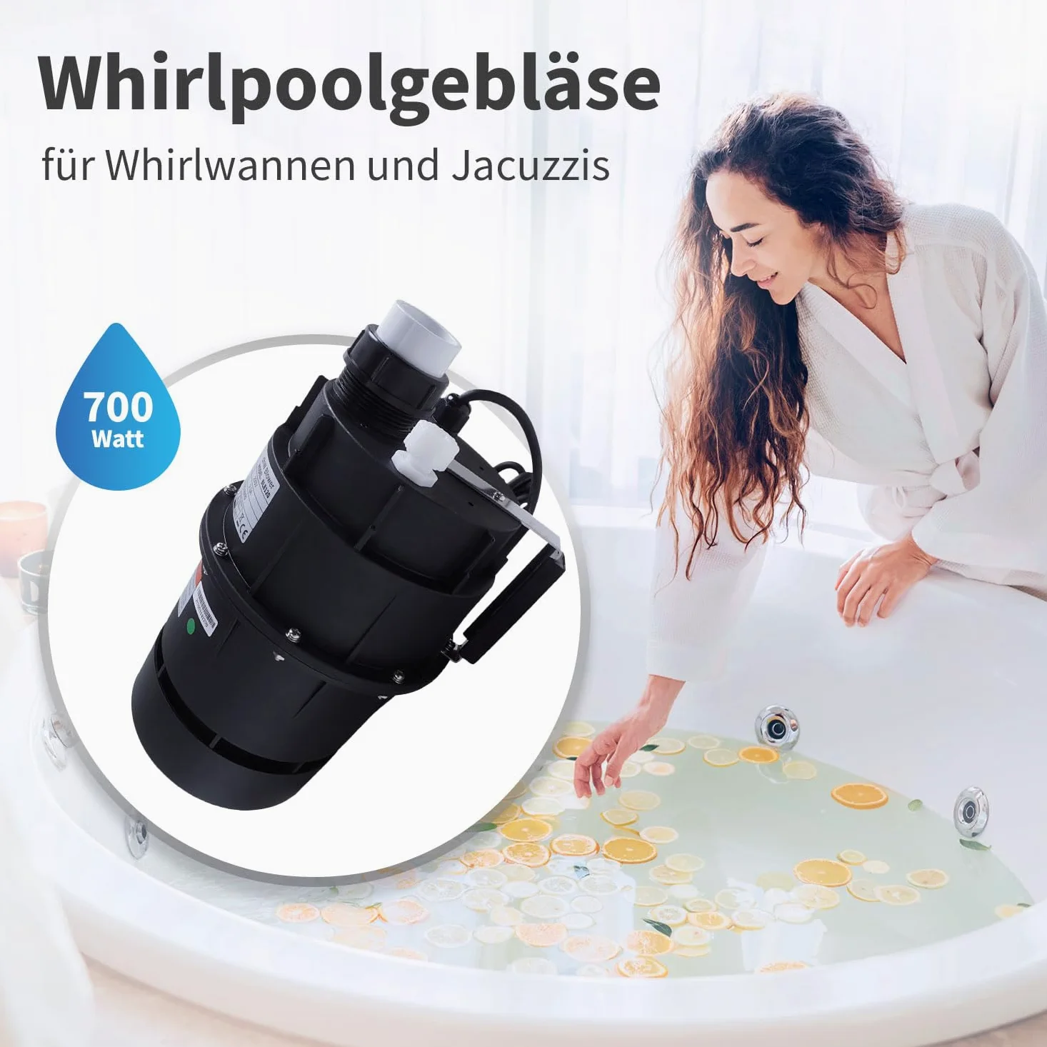 AQUADE Soplador de aire para jacuzzi, silencioso, 700 W, 700 W, soplador de jacuzzi, bañeras de hidromasaje, soplador de aire para exteriores, para jardín, jacuzzi al aire libre, soplador: 700 W 230 V