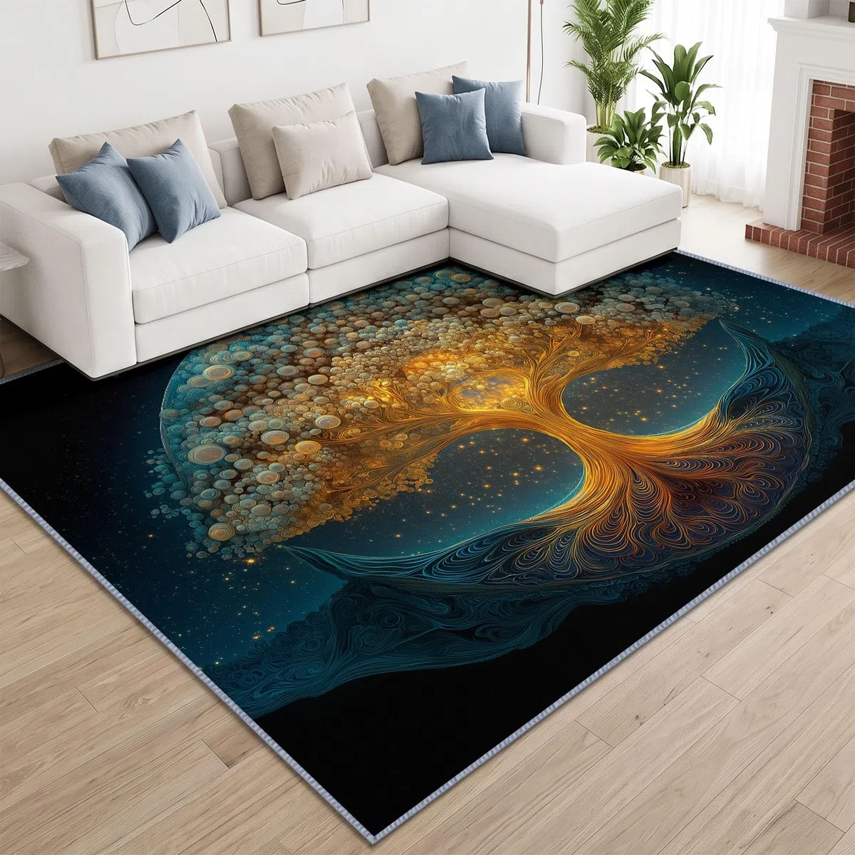 Alfombra de salón, 160 x 230 cm, diseño de árbol de la vida brillante, alfombra de dormitorio, suave y antideslizante, de arte fantástico, lavable a máquina, felpudo, para salón, cocina, pasillo y