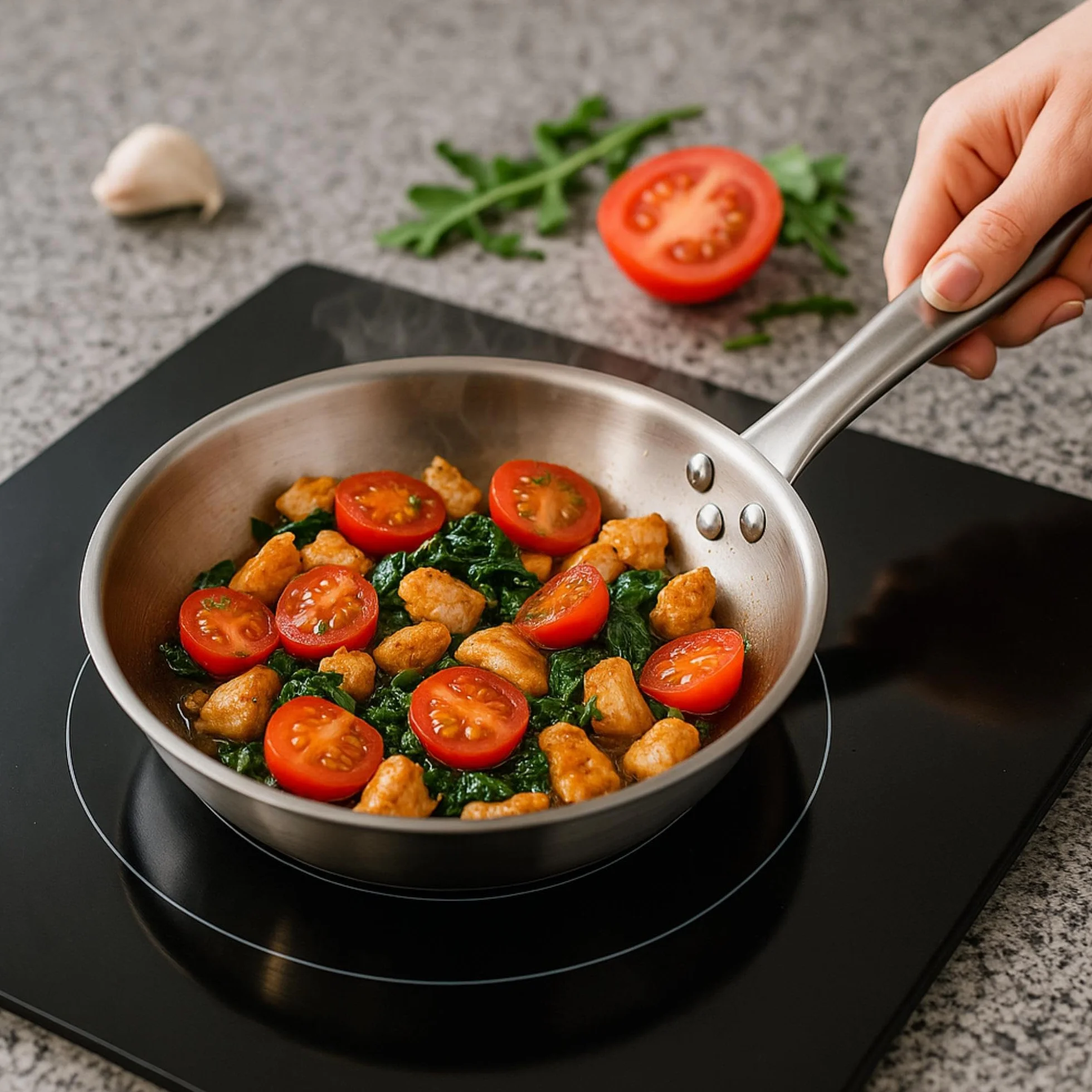 Well Home Set de Batería de Cocina de 8 Piezas y Sartenes en Acero inoxidable Ø20 Ø24 y Ø28 x5cm, Aptas para inducción y SIN antiadherente