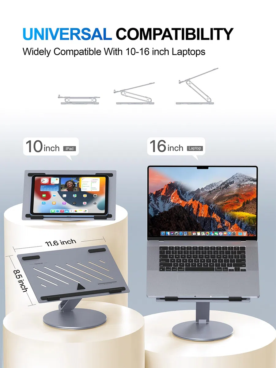 YICOSUN Soporte ergonómico giratorio ajustable para computadora portátil, soporte plegable de aluminio para laptop, elevador portátil para MacBook, Dell, Lenovo, HP, portátiles de 10 a 16 pulgadas