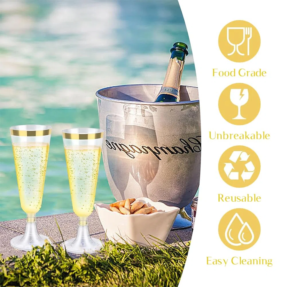 Copas de Champán de Plástico con Borde Dorado, 10 Piezas Juego de Copas de Champán de Plástico, Copas Reutilizables Copa Plastico, Copas de Cava Plastico paraBodas, Cumpleaños y Fiestas (150ml)