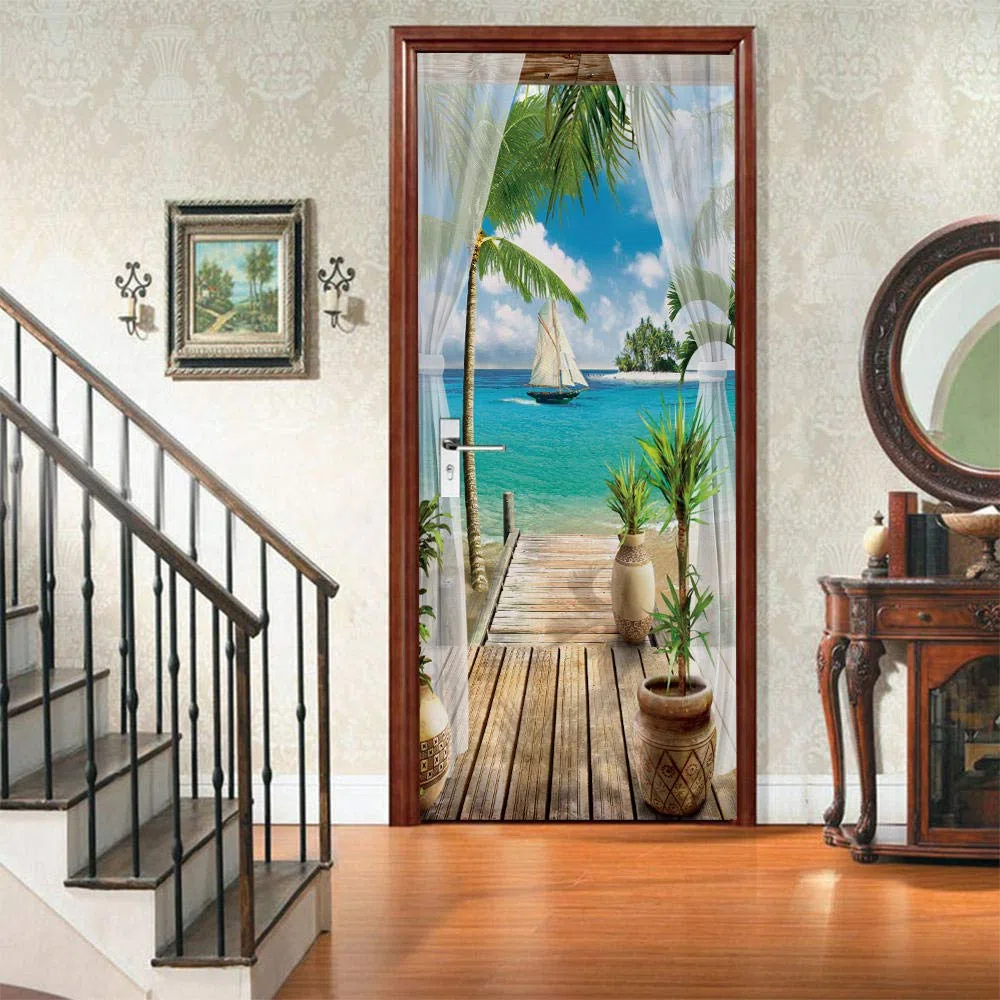 3d Pegatina Puerta Mural Autoadhesivo Con Vista Al Mar DecoracióN Del Hogar Pegatinas De Pared Dormitorio Sala De Estar PóSter ExtraíBle Pegatinas ArtíSticas-Los 77x200cm