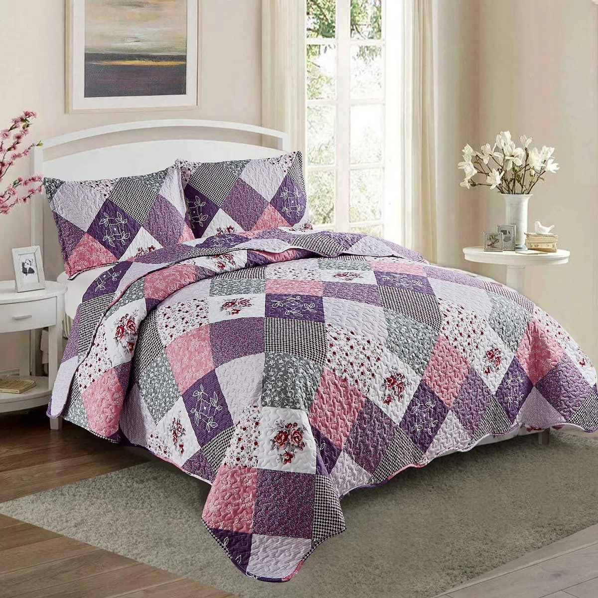 WONGS BEDDING Colcha 240 x 260 cm Manta de Cama de Patchwork Colchas Acolchadas Patrón Floral Edredón de Microfibra Colcha a Cuadros con 2 Fundas de Almohada 50 x 75 cm (Rosa Morado)