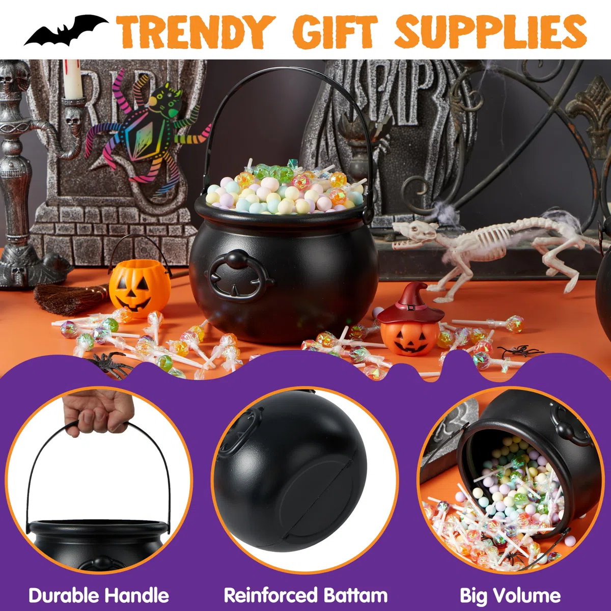 JOYIN Caldero Negro Grande de Halloween, 7.5 Pulgadas, Plástico, Gótico, Bowl de Halloween, Caldero, Decoración de Fiesta de San