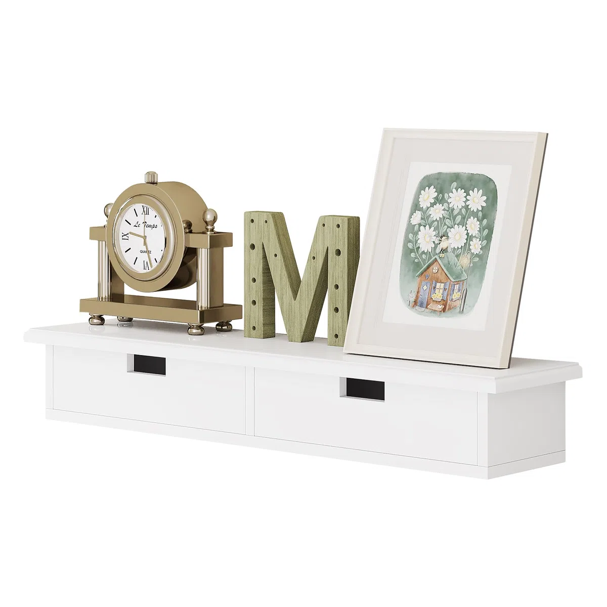 WOLTU Estante de Pared con 2 Cajones Pequeñas, Mesita de Noche Colgante para Dormitorio, Estante Flotante para Cocina, Salón y Pasillo, Blanco, 64x15x10 cm, RG9487ws