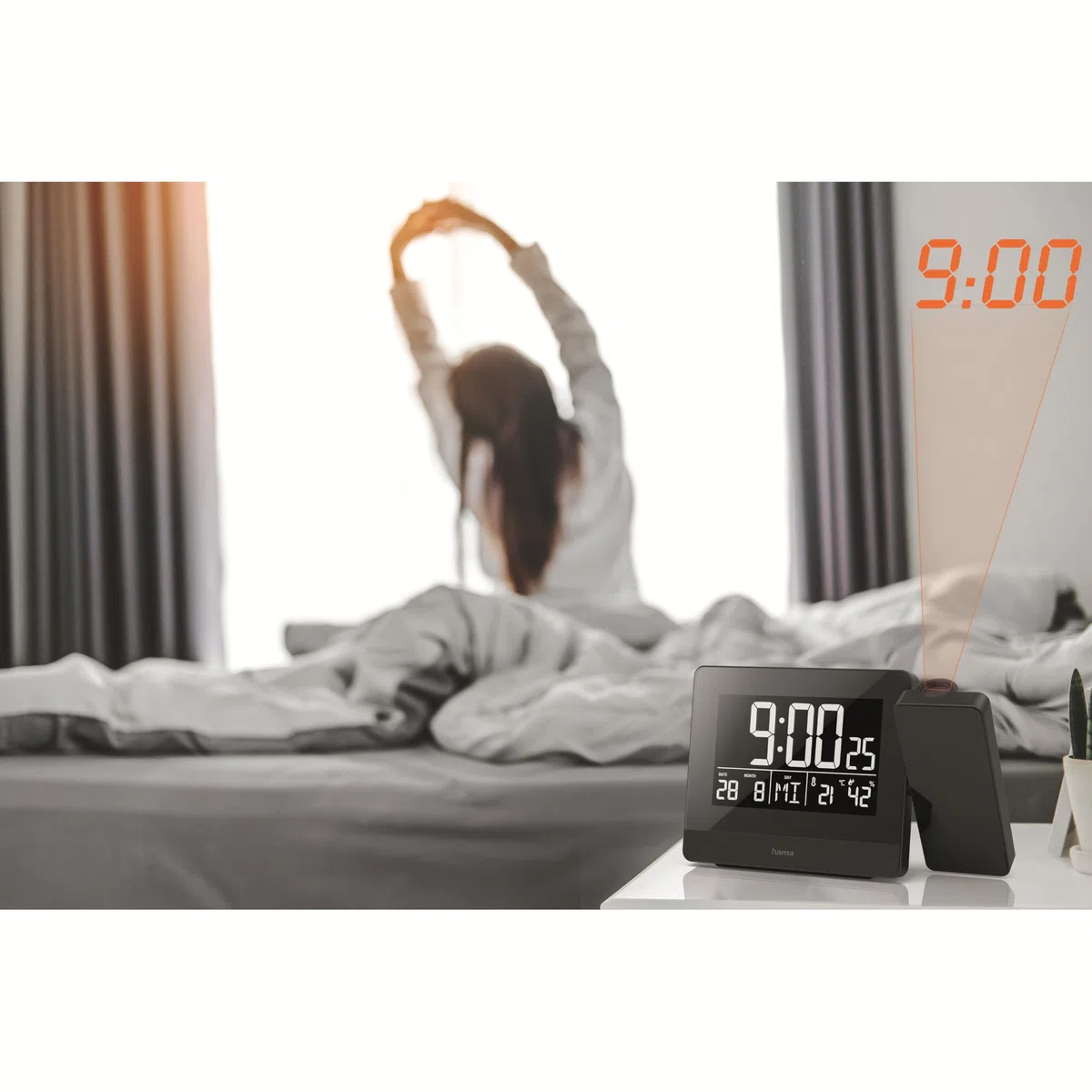 Hama | Reloj Despertador Digital con proyección de la Hora en Techo o Pared (Radio Reloj Despertador, Sensores táctiles, 2 alarmas, Hora, Calendario, Termómetro, Higrómetro, Carga USB) Negro