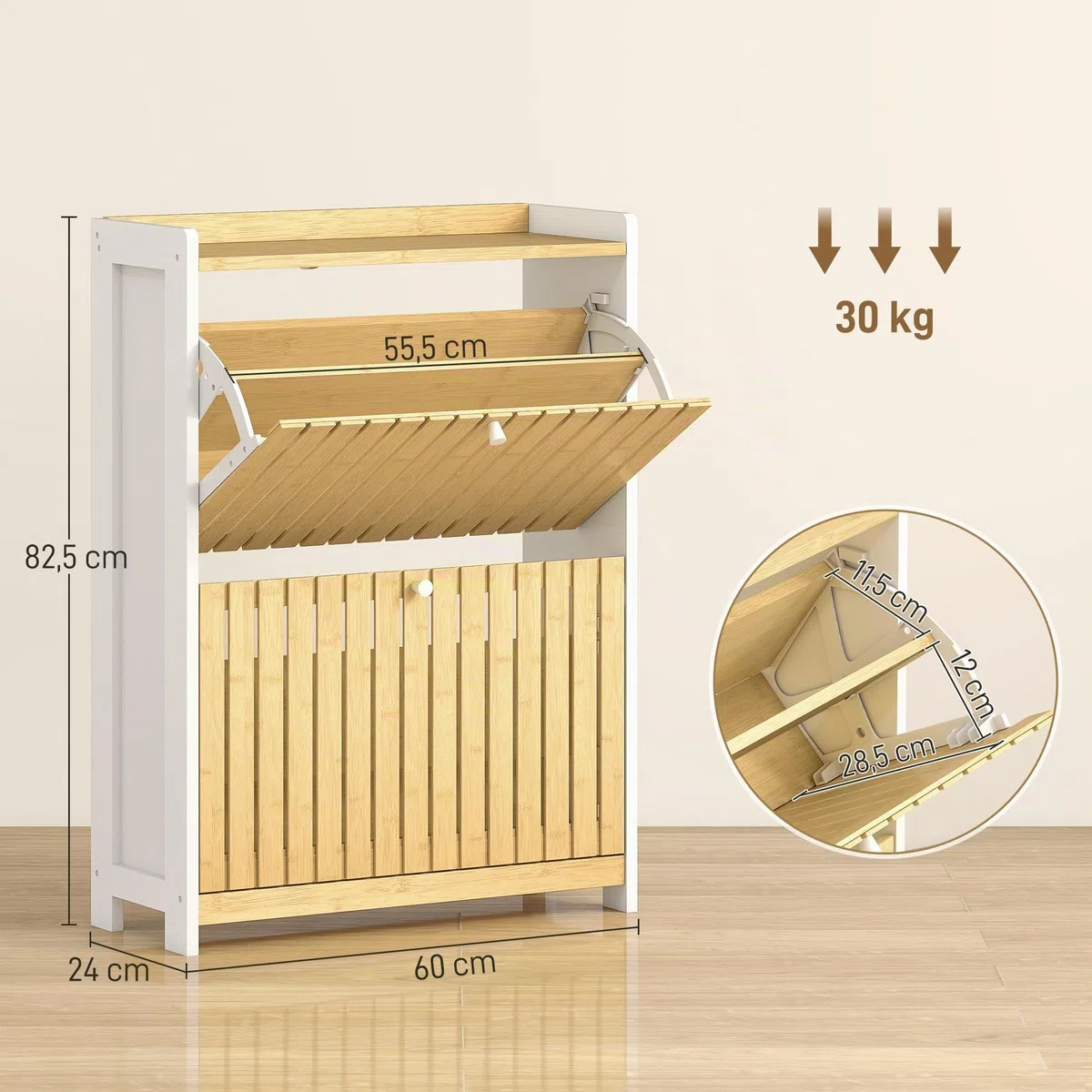 HOMCOM Zapatero Estrecho 2 Puertas de Bambú 60x24x82,5 cm Blanco y Natural | Listones, Zapatero Entrada Recibidor, Estantes Ajustables, 12 Pares de Zapatos