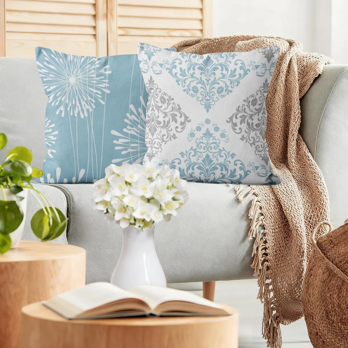 Azul Fundas de Cojín 45x45 Juego de 4, Azul y Blanco Moderno Sencillo Geométrico Estampado Rústico Cuadrado Sofá Decorativo Lavable Poliéster Lino Textil Jardín Funda de Almohada