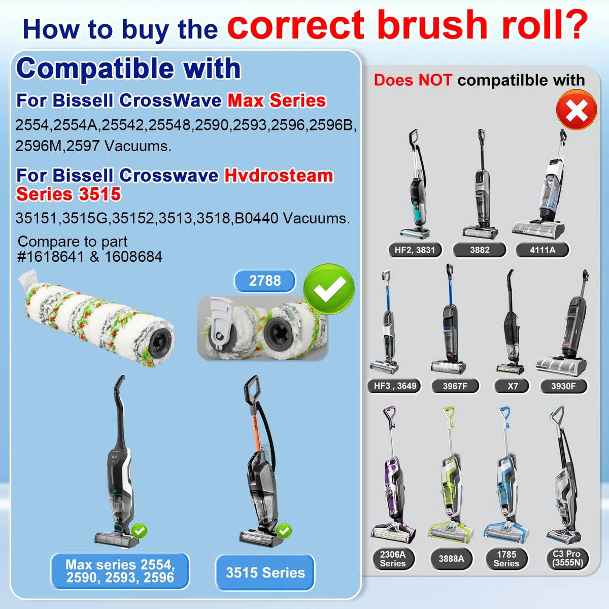 Lemige Paquete de 2 cepillos y filtros de repuesto para aspiradoras Bissell CrossWave Max 2554 2590 2593 2596 para aspiradoras HydroSteam Plus 35151 3515 35152 3513 3518, parte 1618641 y 1608684