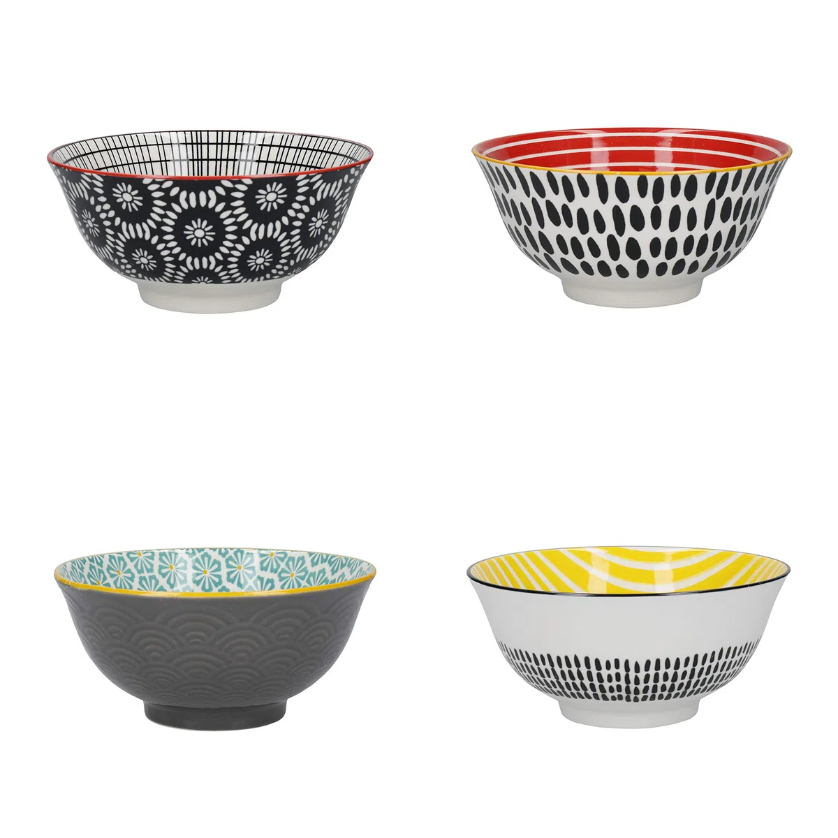 KitchenCraft Juego de 4 Cuencos de Cereales de Cerámica en Caja de Regalo, Boles para Helado, Sopa y Otros, Diseño “Monocromo” 15 cm