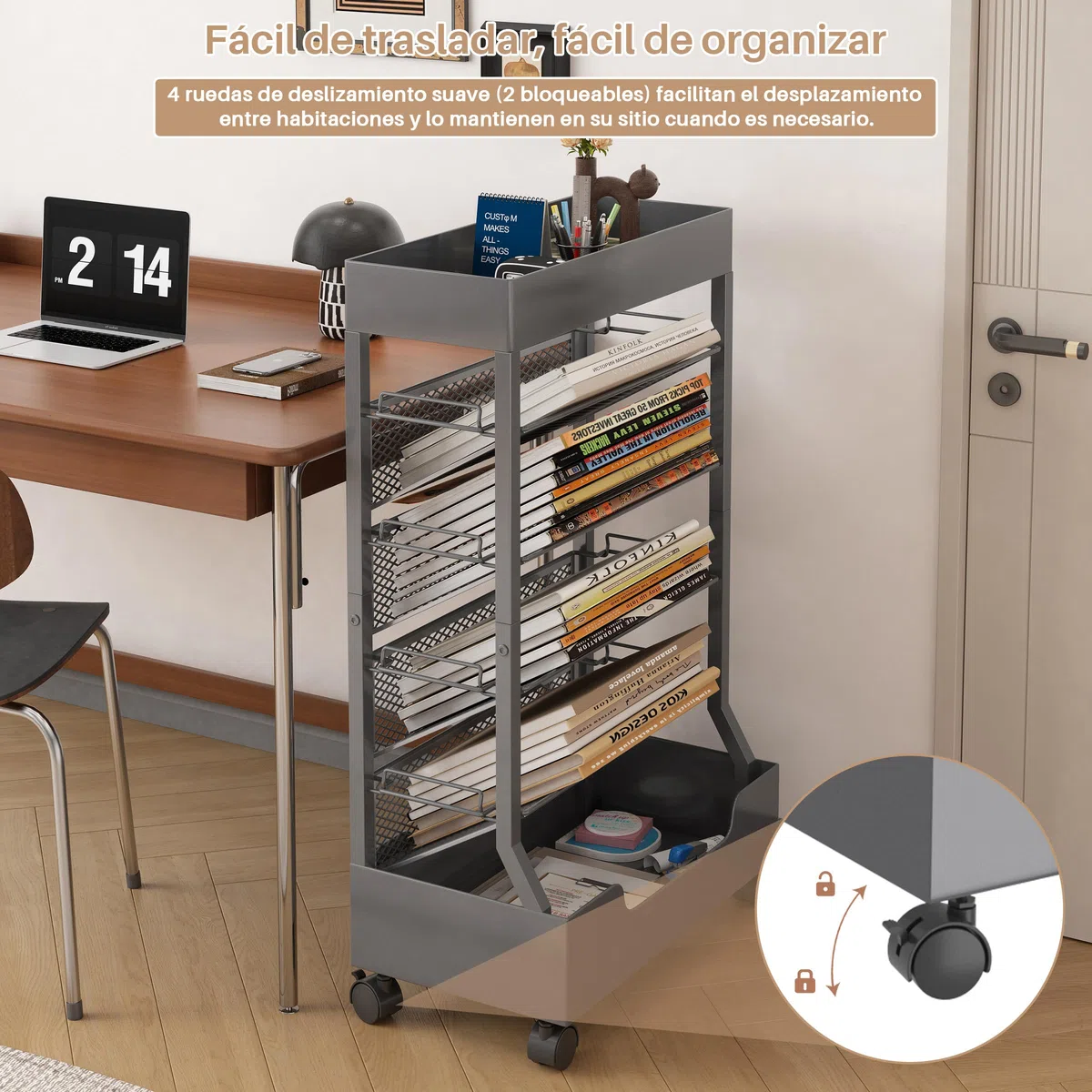 Estantería Móvil con Rueda, Organizador de Escritorio | 6 Niveles, Metal, Carrito Almacenamiento para Libros, Revistas, Gran Capacidad, Estantería de Oficina, Gris