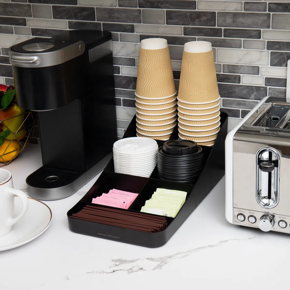 Mind Reader COMP7-BLK Anchor Collection - Organizador de mesa de café y condimentos con 7 compartimentos, plástico, color negro