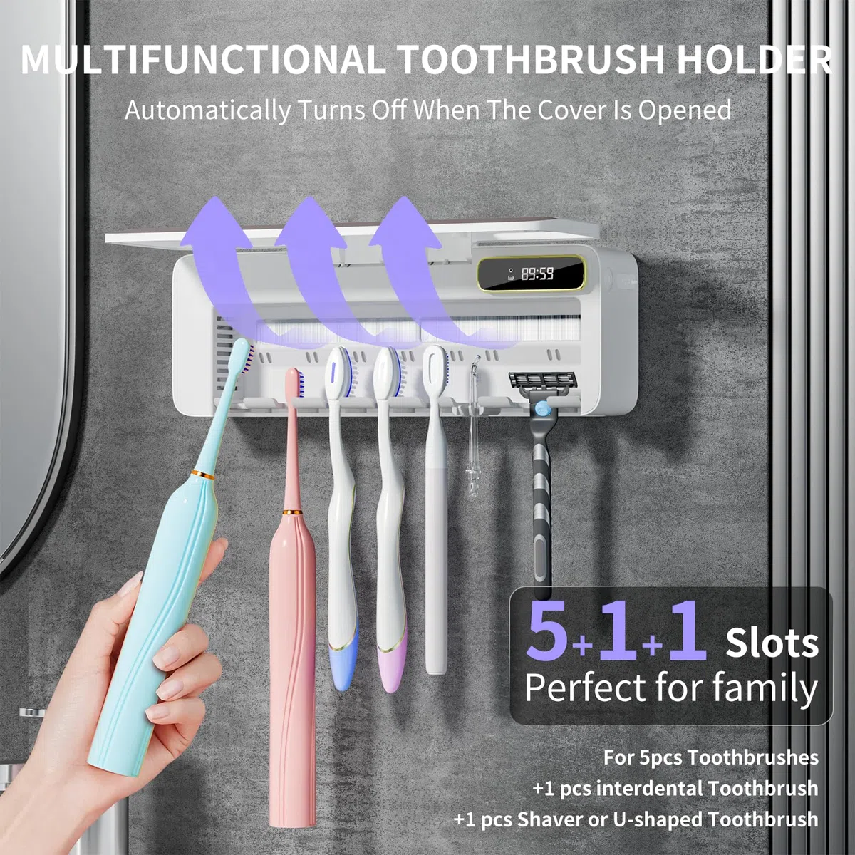 Soporte para Cepillo de Dientes, 5+1+1 Ranuras para cepillos de Dientes UV, Soportes Recargables de Pared para baños, Funciones de calefacción, sin taladrar (Blanco)