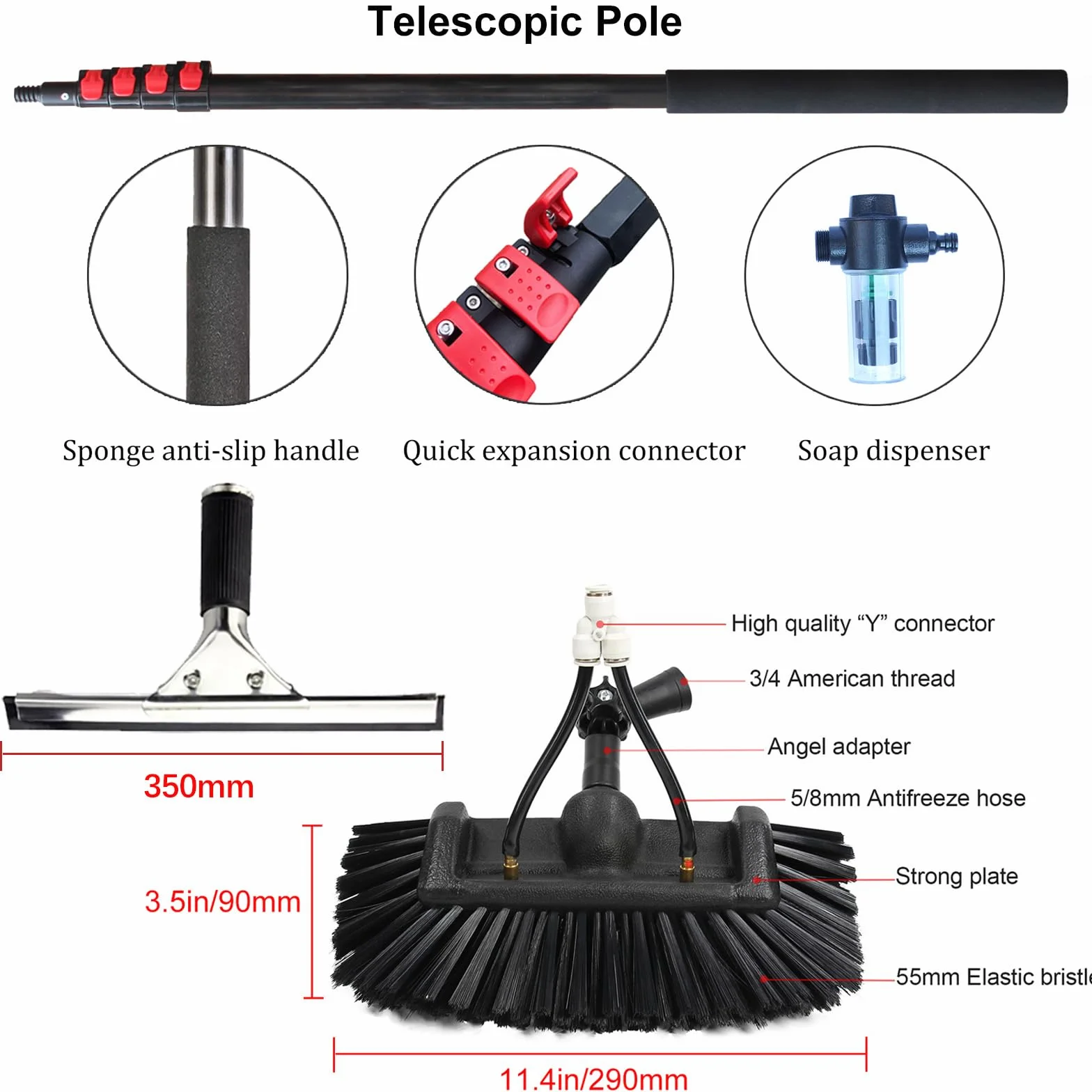 Genérico Cepillo telescópico para Ventanas, hidrolimpiador telescópico, hasta 10,8 m, dispensador de jabón, Paneles solares, Kit con escobilla de Goma, para Lavado de Camiones, autobuses y