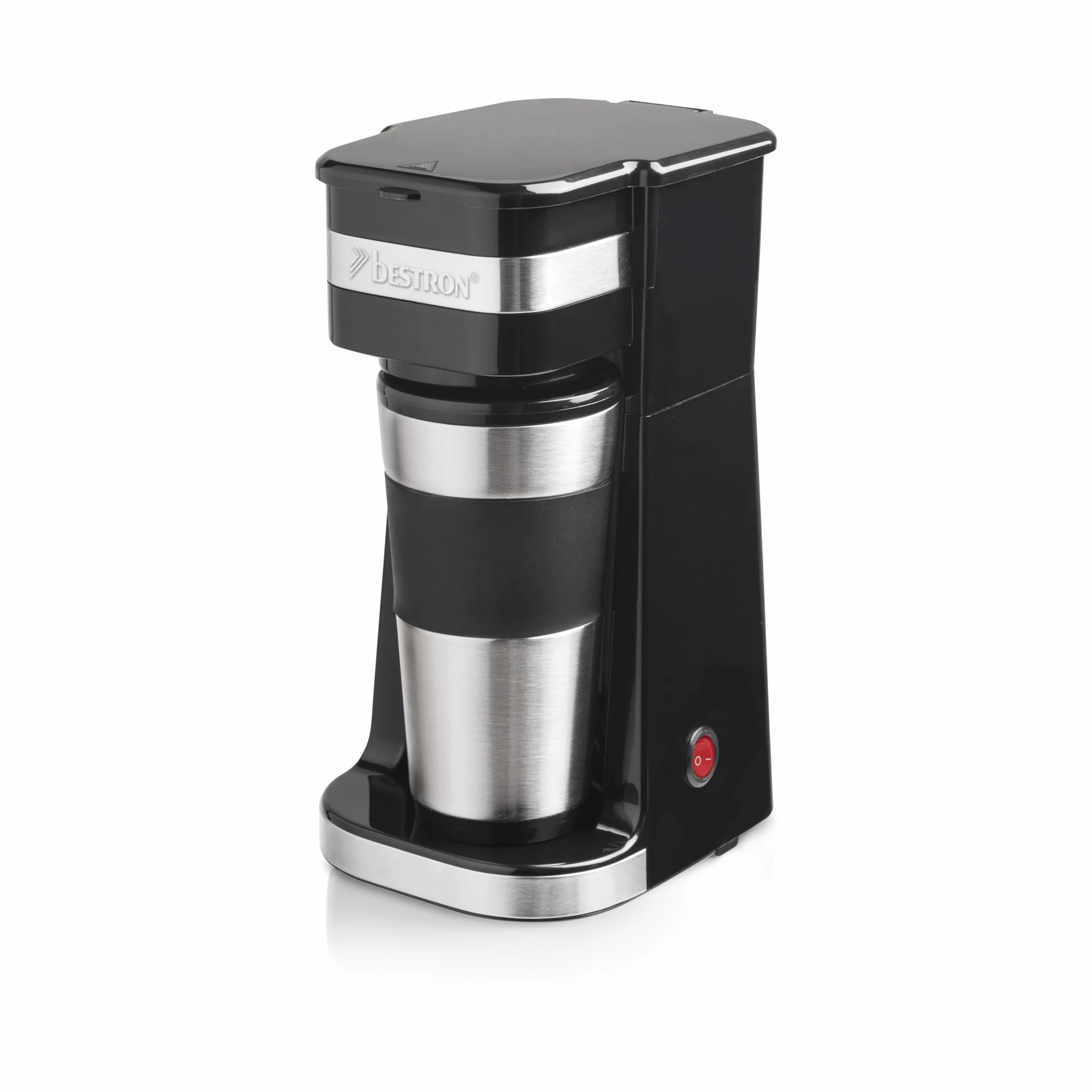 Bestron Cafetera, Cafetera goteo con taza aislada, para café de filtro molido, 2 tazas grandes, 750 vatios, acero inoxidable, 0,42 litros, color: negro