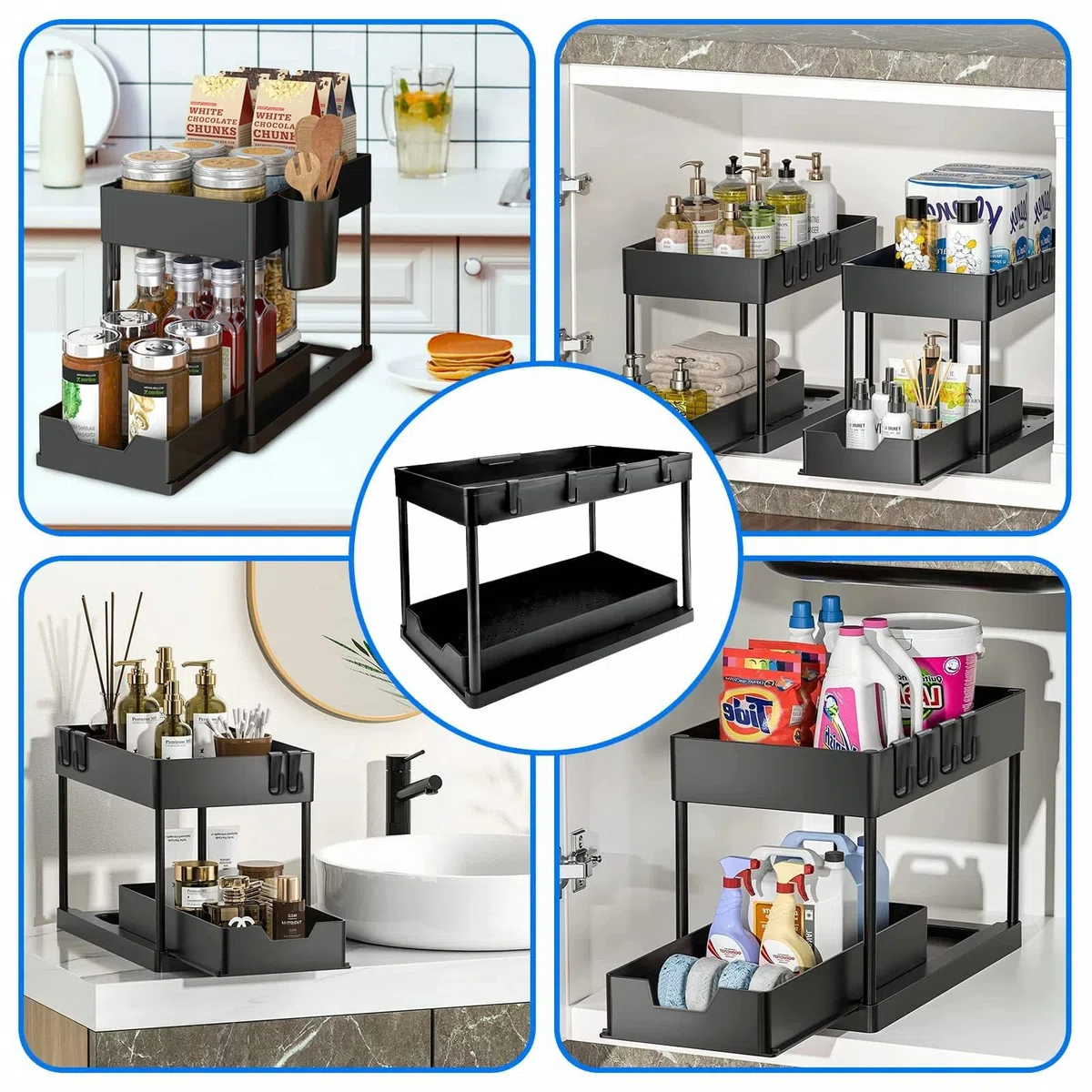 Bnimtm 2 Paquete Organizador Cocina, Estantería Bajo Fregadero, Estante Organizador Mueble Bajo Fregadero Cocina Lavabo（Sin Taza Colgante, Negro）
